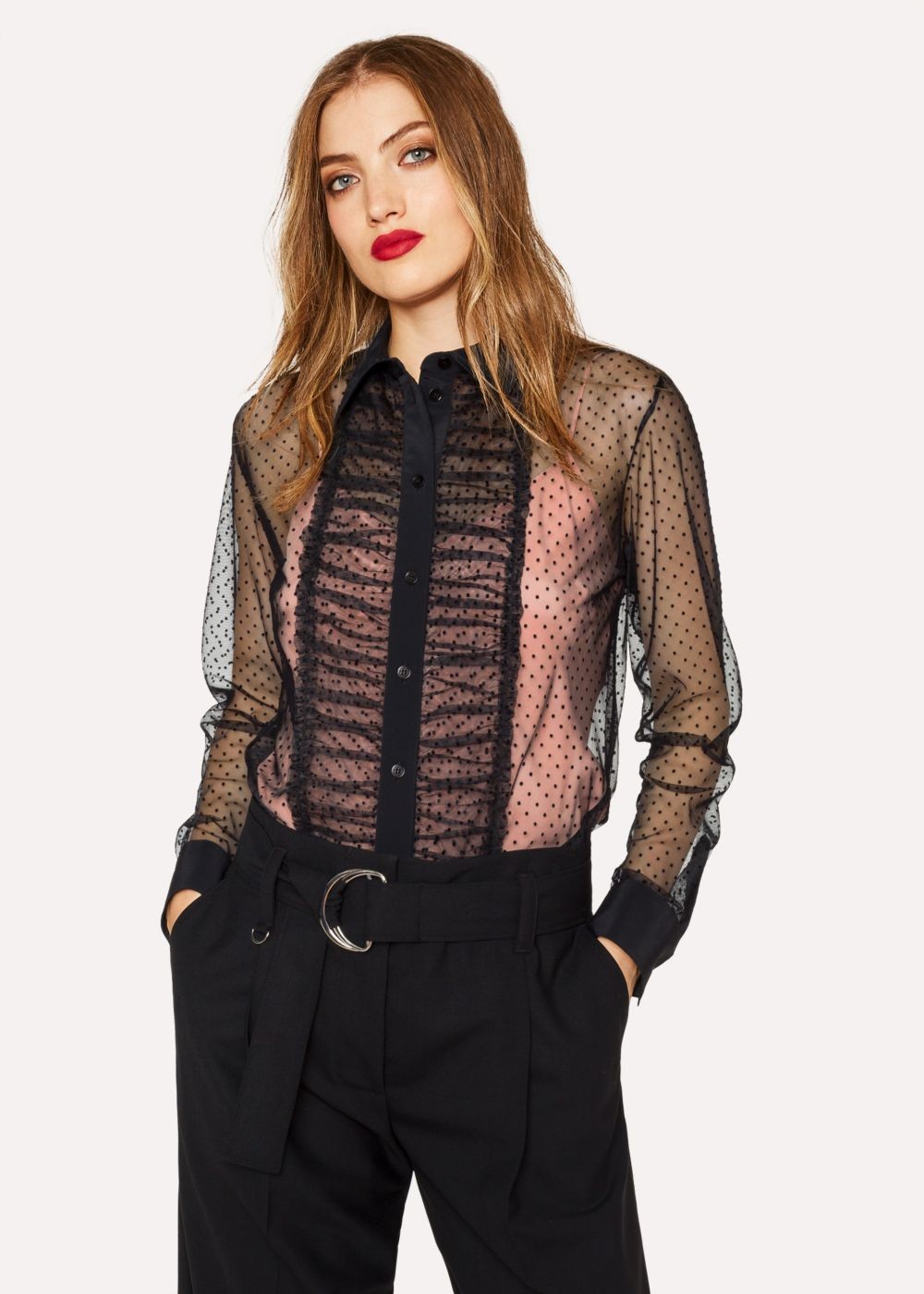 Paul Smith Women's Black Flocked-Spot Frill T-Shirts With Contrast Cami