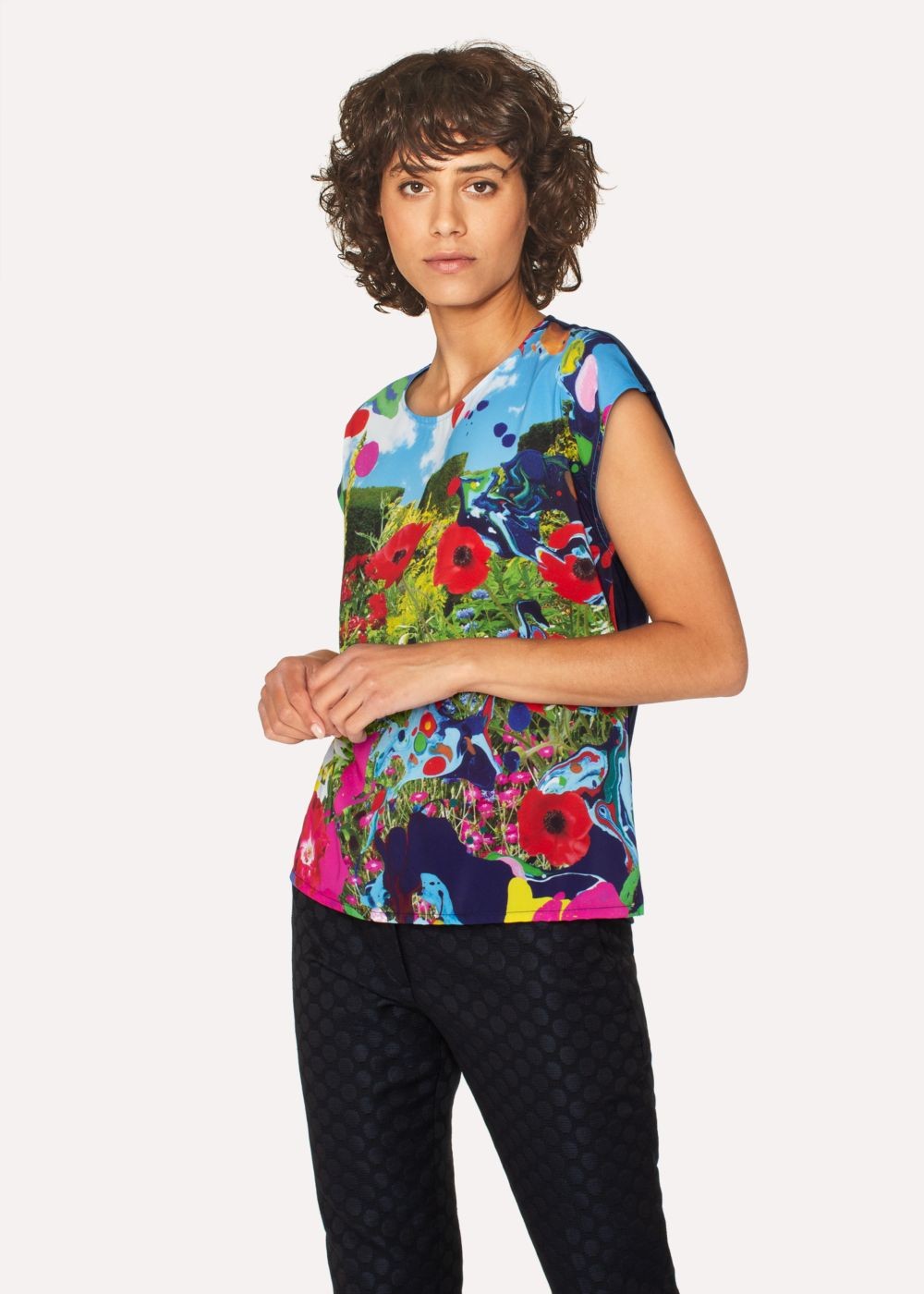 Paul Smith Womens's Black Sleeveless T-Shirt With 'painted Garden' Print