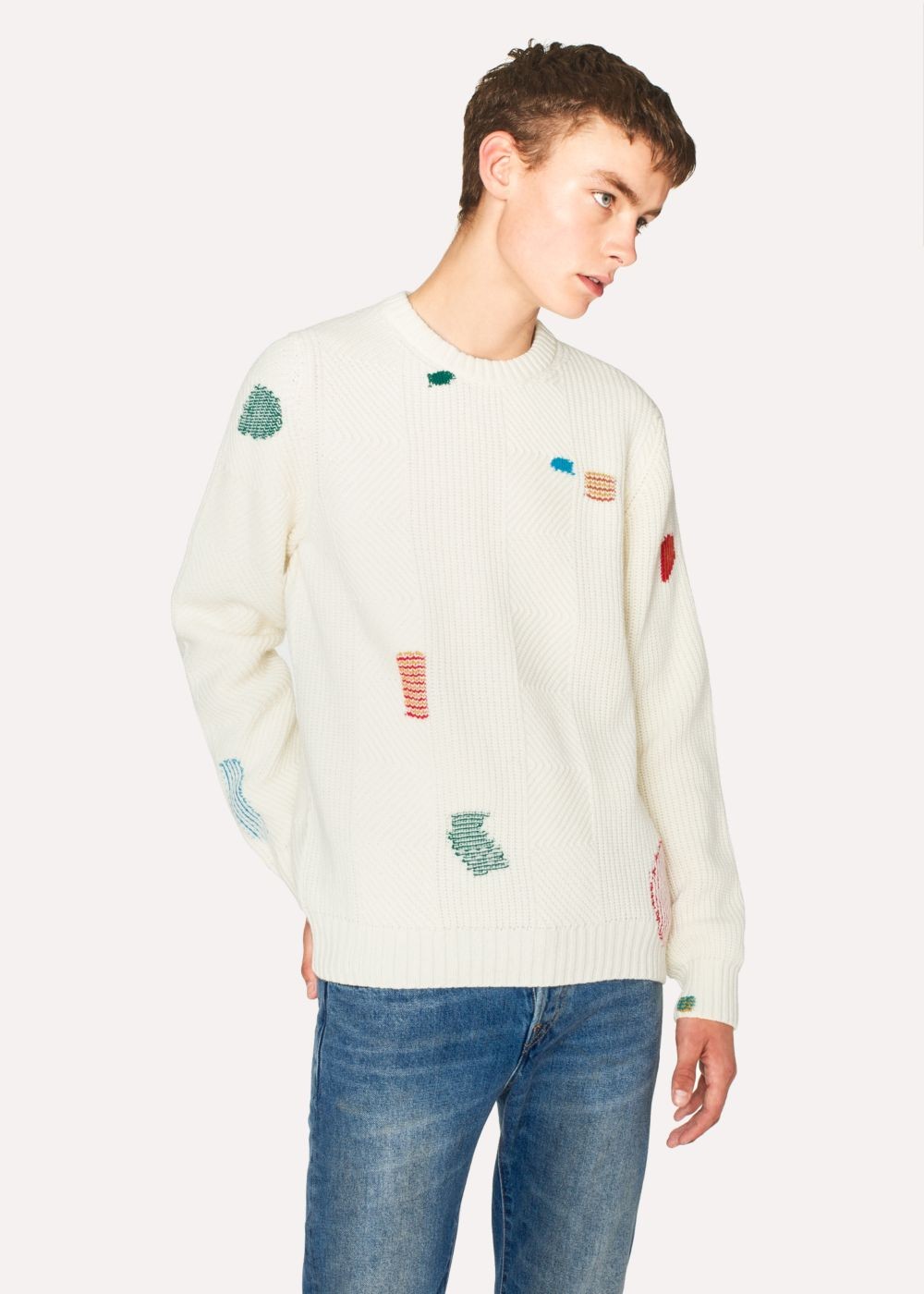 Paul Smith Mens's Ecru Wool-Blend Ribbed Sweater With Darning Detail