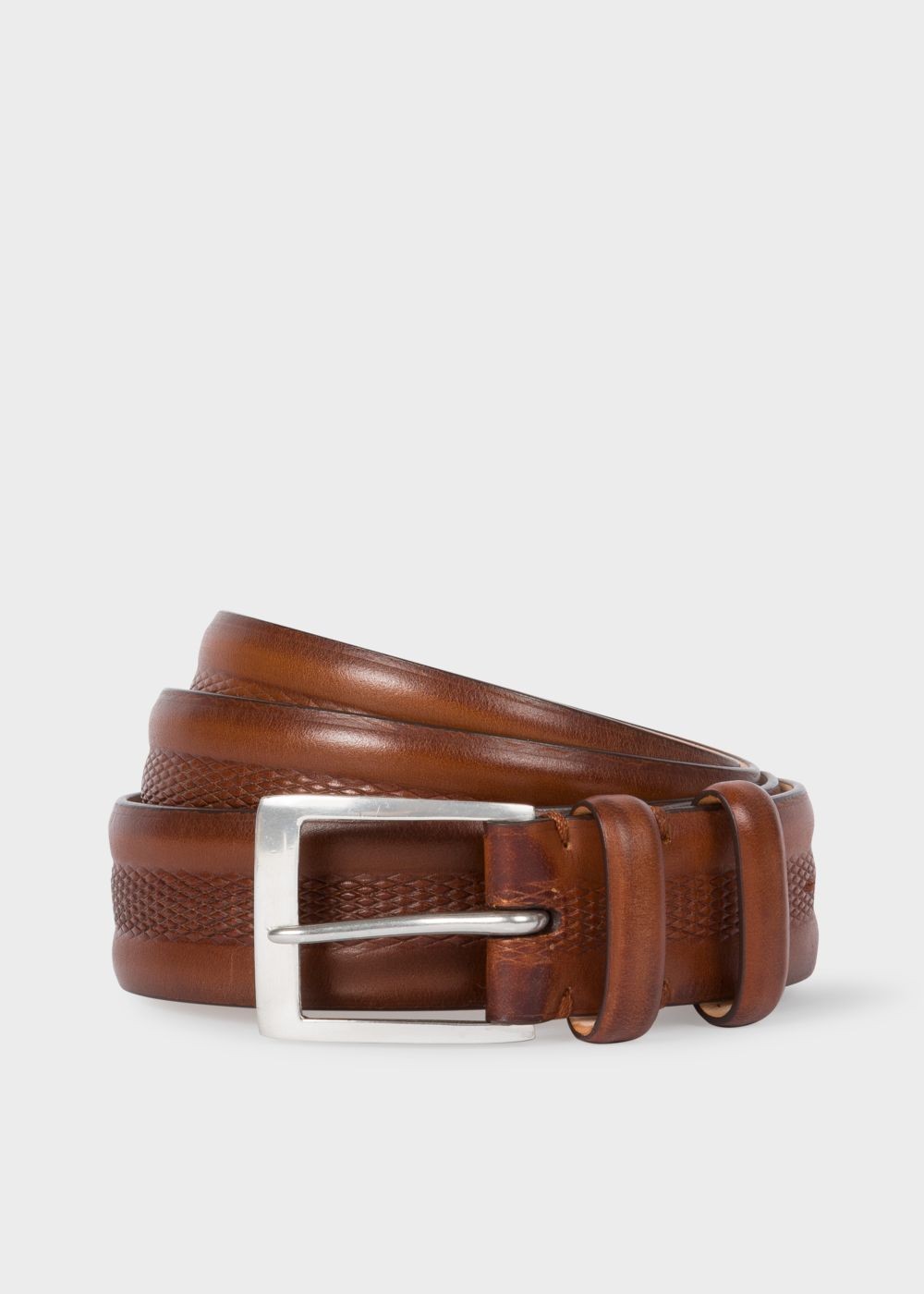 Paul Smith Men's Brown Embossed Geometric Pattern Leather Belt