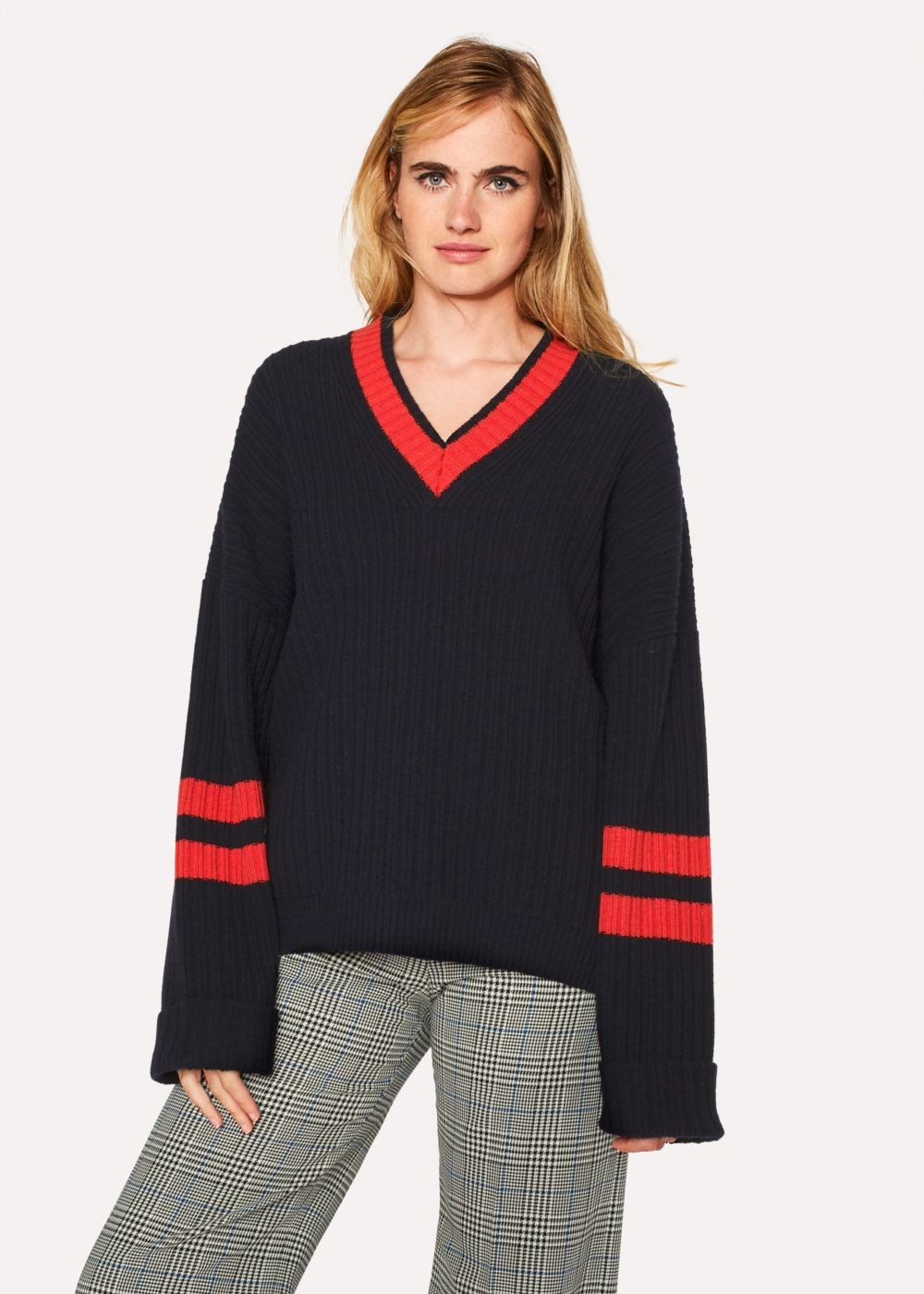 Paul Smith Womens's Navy Oversized Ribbed V-Neck Sweater With Contrast Details
