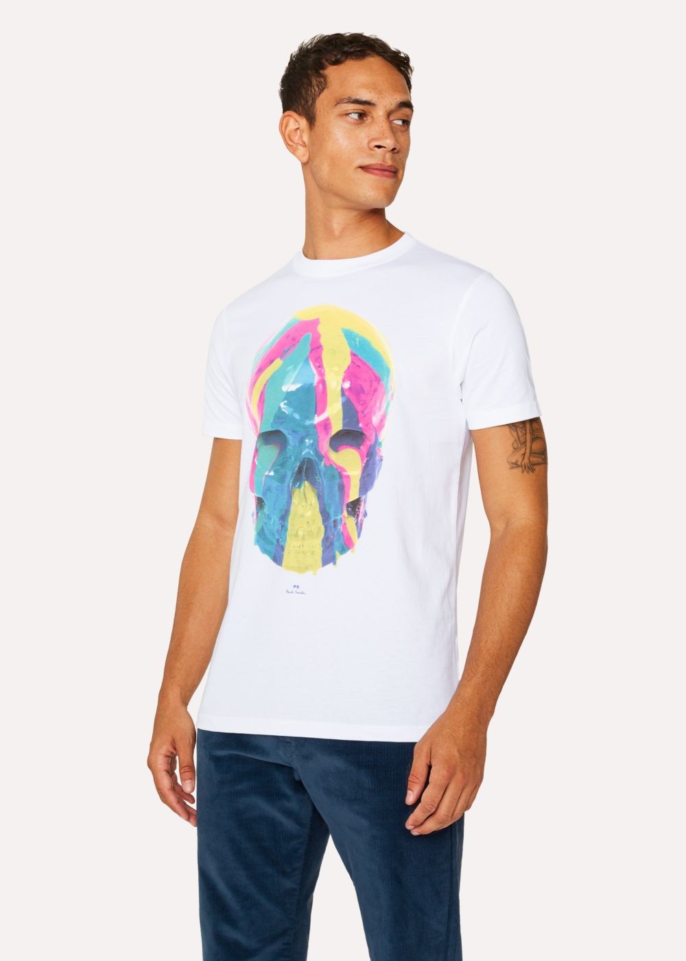 Paul Smith Mens's Slim-Fit White Cotton T-Shirts With Multi-Coloured Skull Print