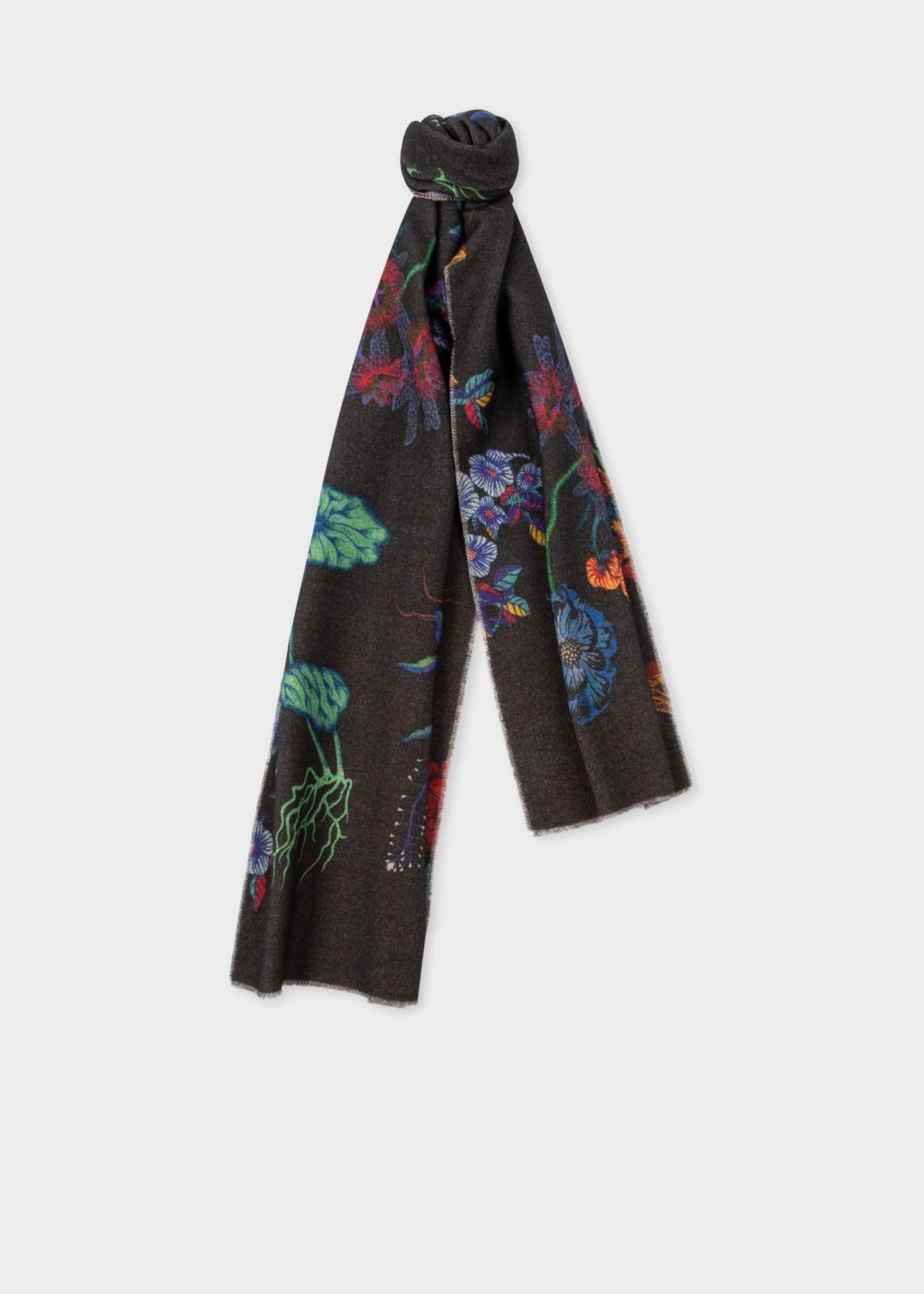 Paul Smith Men's Black 'florian' Print Wool-Cashmere Scarf With 'floral Stripe' Reverse