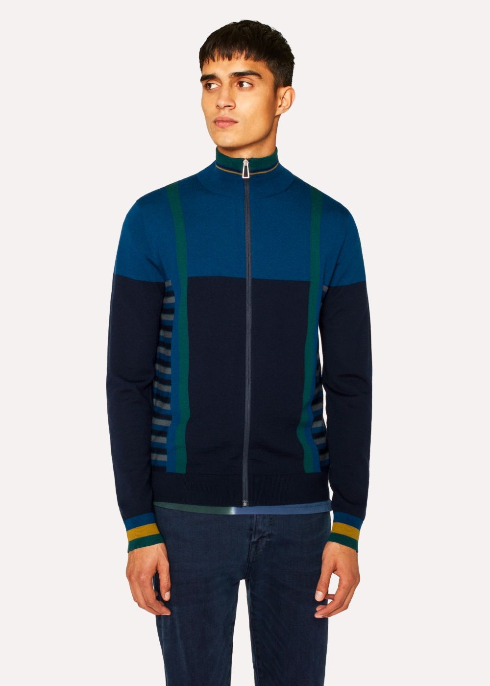 Paul Smith Men's Cobalt Blue Geometric Stripe Zip-Through Funnel-Neck Wool Cardigan Clothing