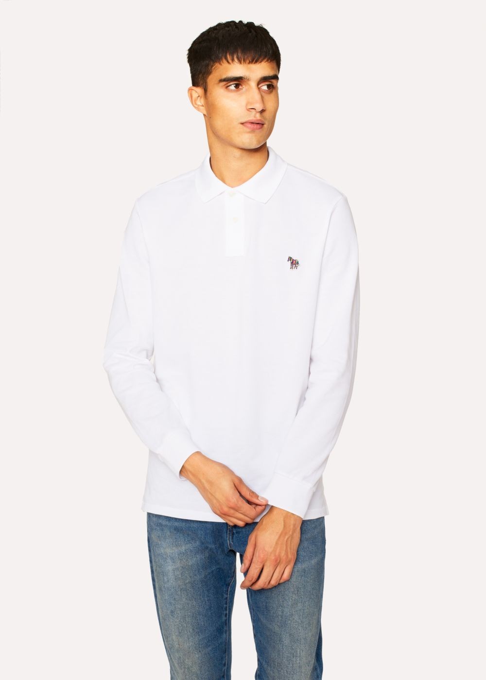 Paul Smith Mens's White Organic-Cotton Zebra Logo Long-Sleeve Polo T-Shirt