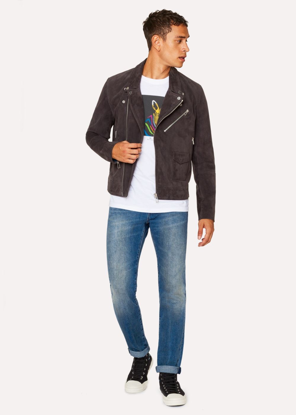 Paul Smith Men's Slate Grey Suede Leather Asymmetric-Zip Biker Coat