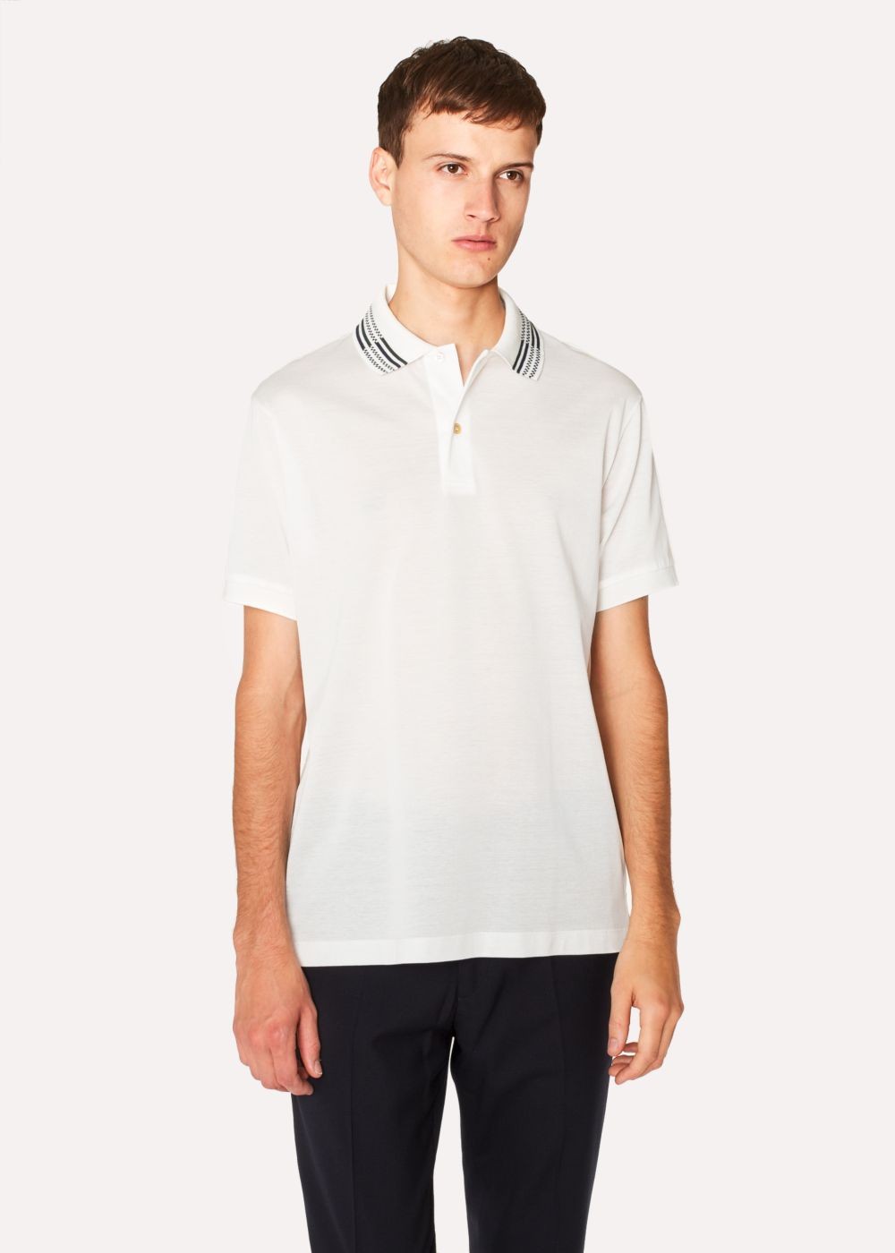 Paul Smith Mens's Slim-Fit White Cotton-Piqué Polo T-Shirt With Stripe Tipping