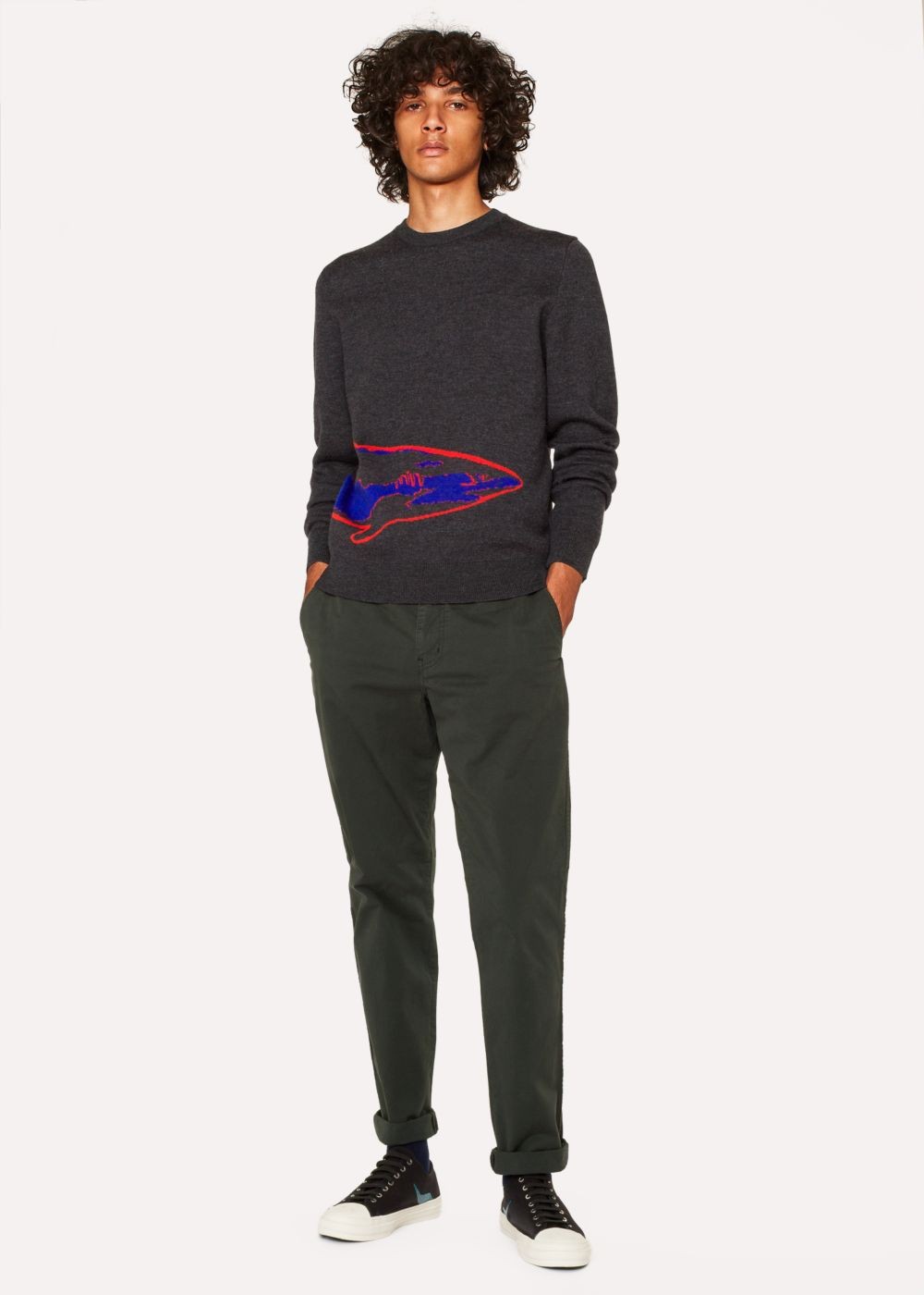 Paul Smith Men's Dark Grey Merino Wool Sweater With 'shark' Intarsia