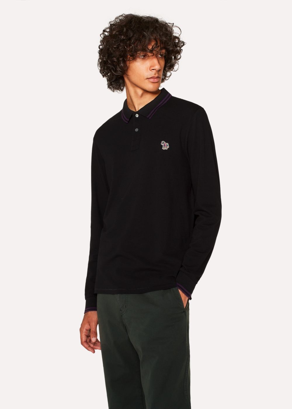 Paul Smith Men's Black Zebra Long-Sleeve Polo T-Shirts With Purple Tipping