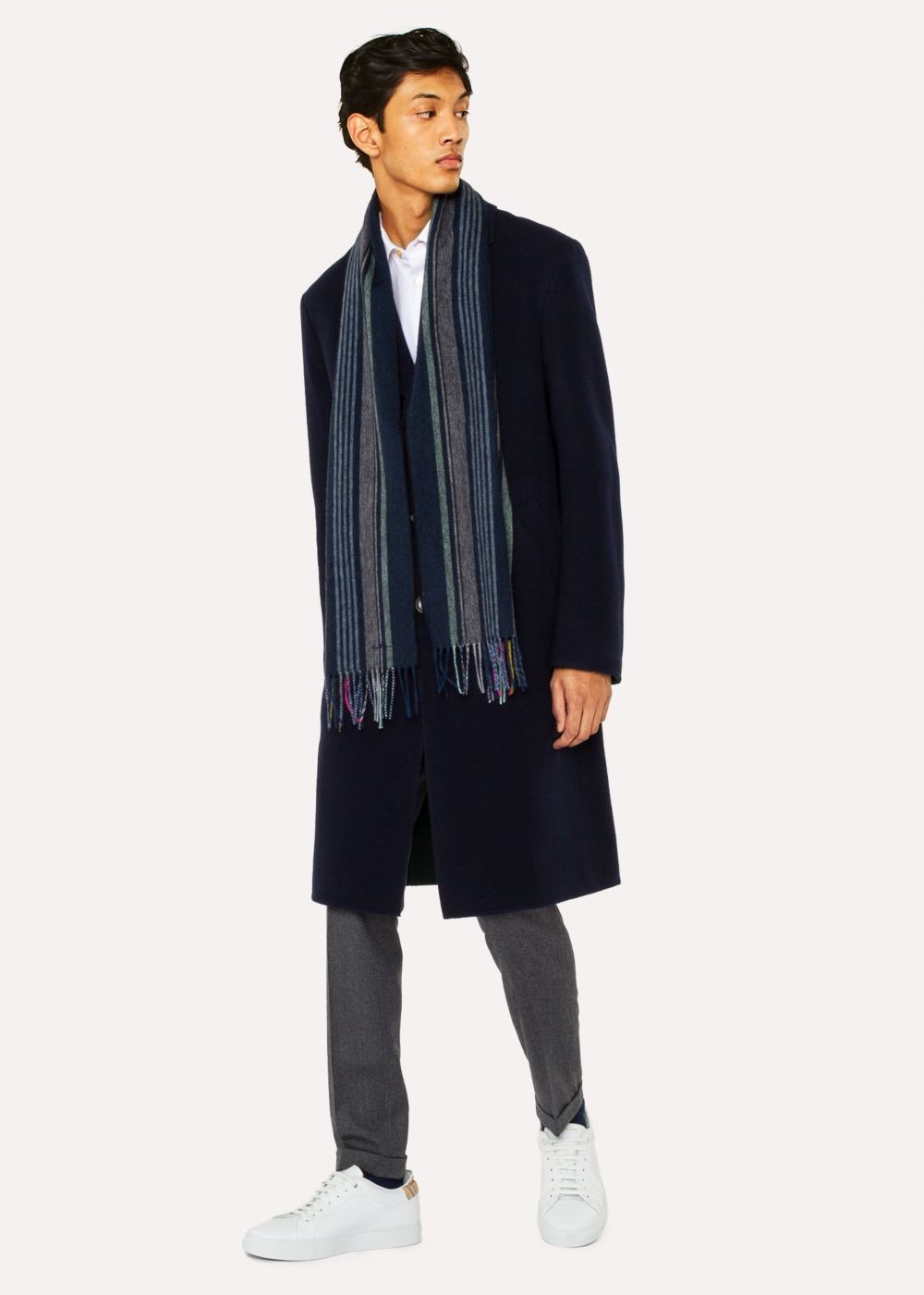 Paul Smith Men's Navy Multi-Coloured Stripe Lambswool Scarf