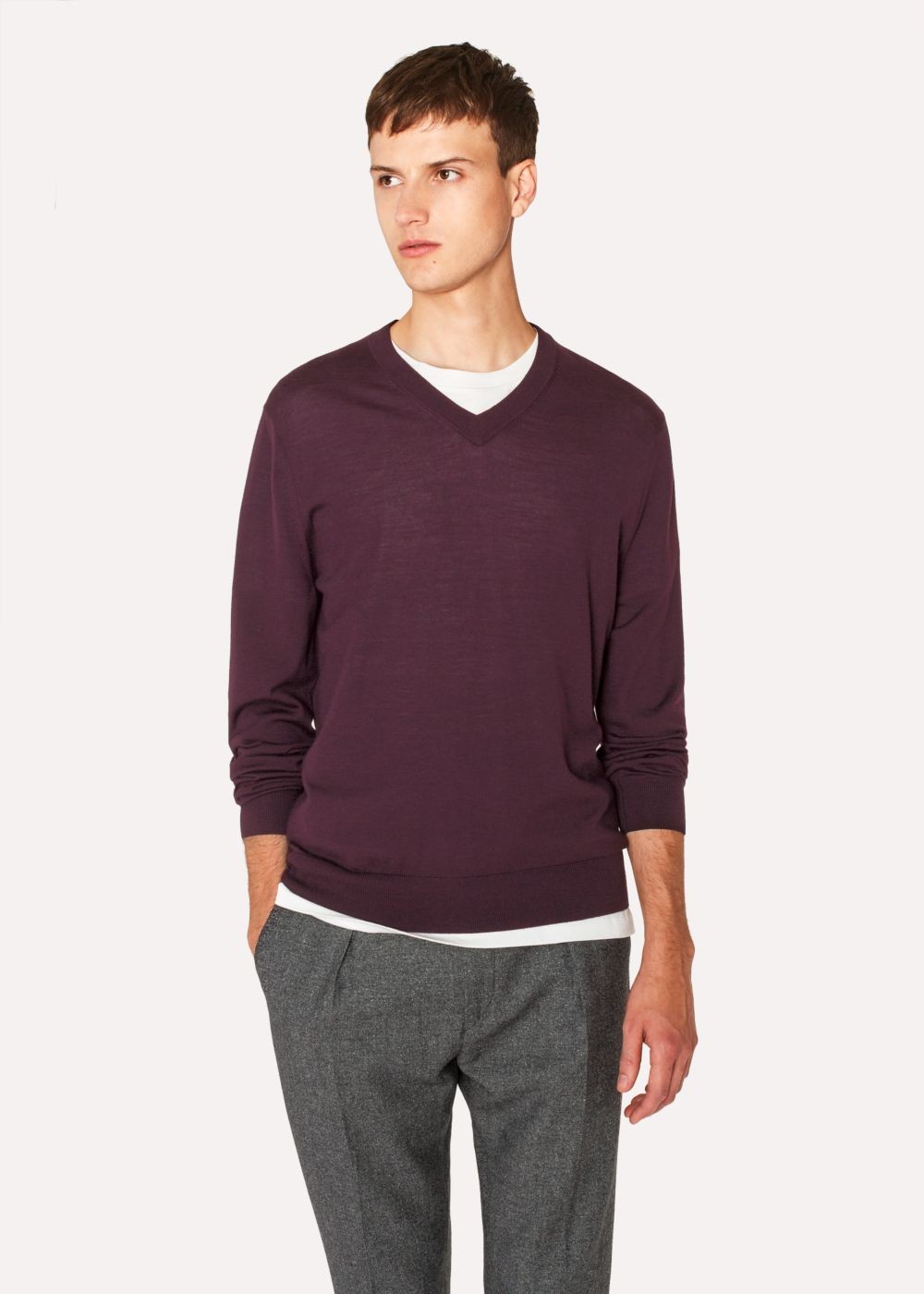 Paul Smith Men's Burgundy V-Neck Merino Wool Sweater