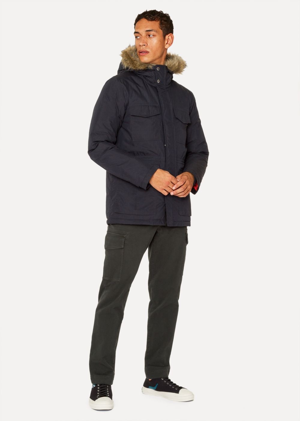 Paul Smith Men's Navy Quilted Parka With Faux Fur Hood Detail Clothing