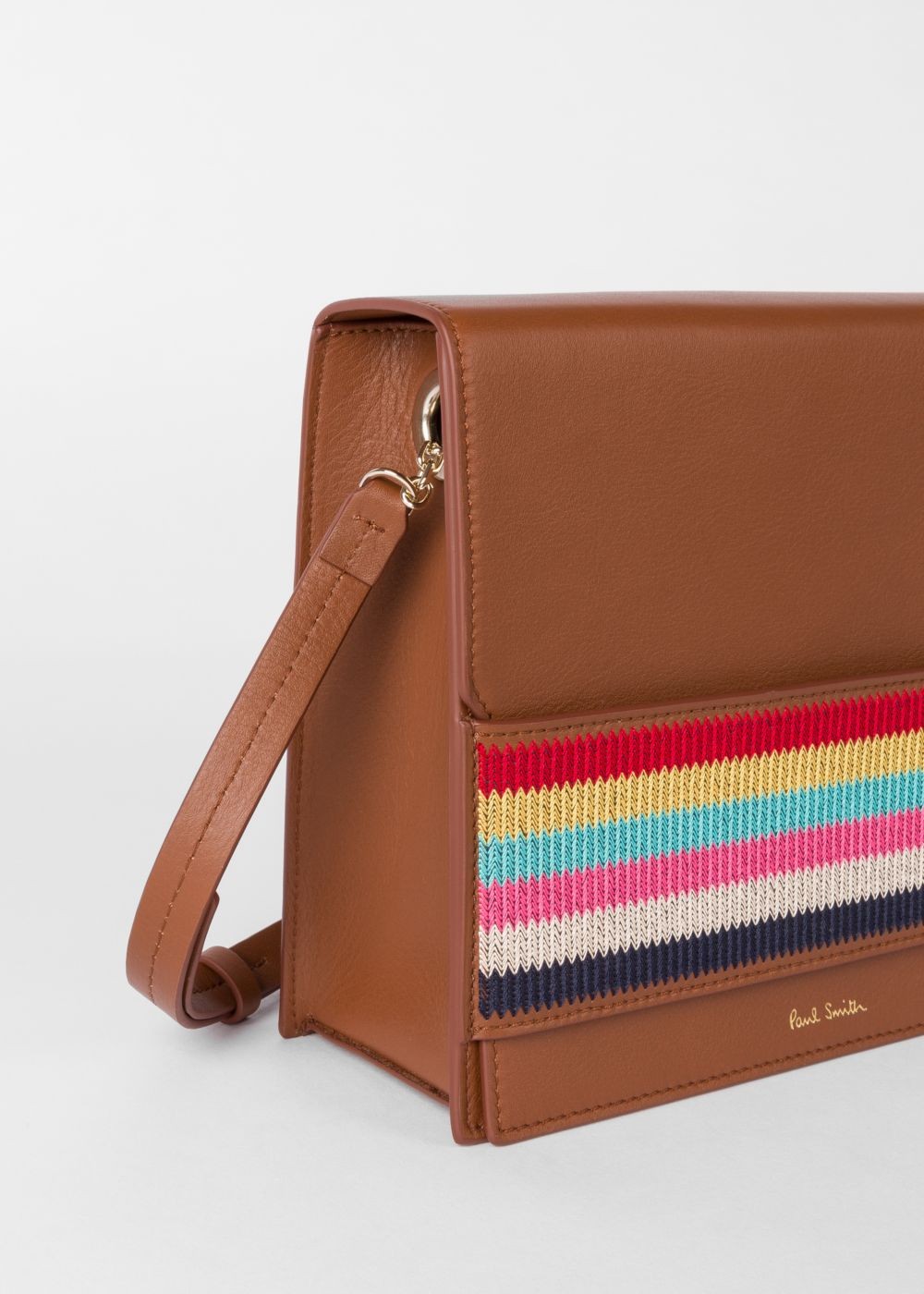 Paul Smith Women's Tan Leather Cross-Body HandBag With Multi-Coloured Stripe Embroidered Detail