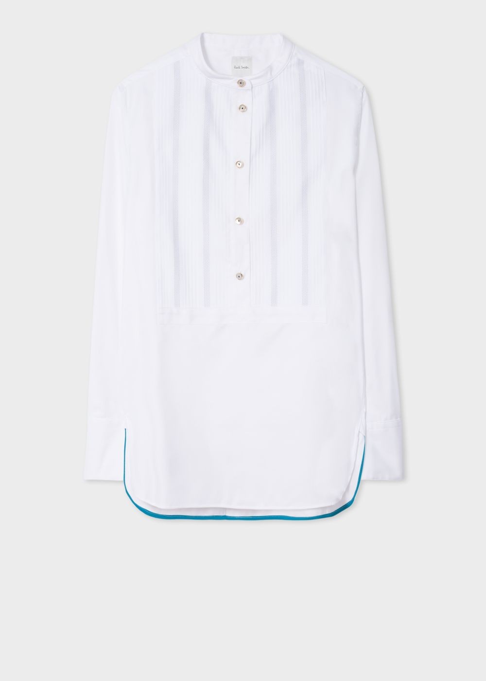 Paul Smith Lady's White Tunic Shirt With Band-Collar And Tux Bib Detail