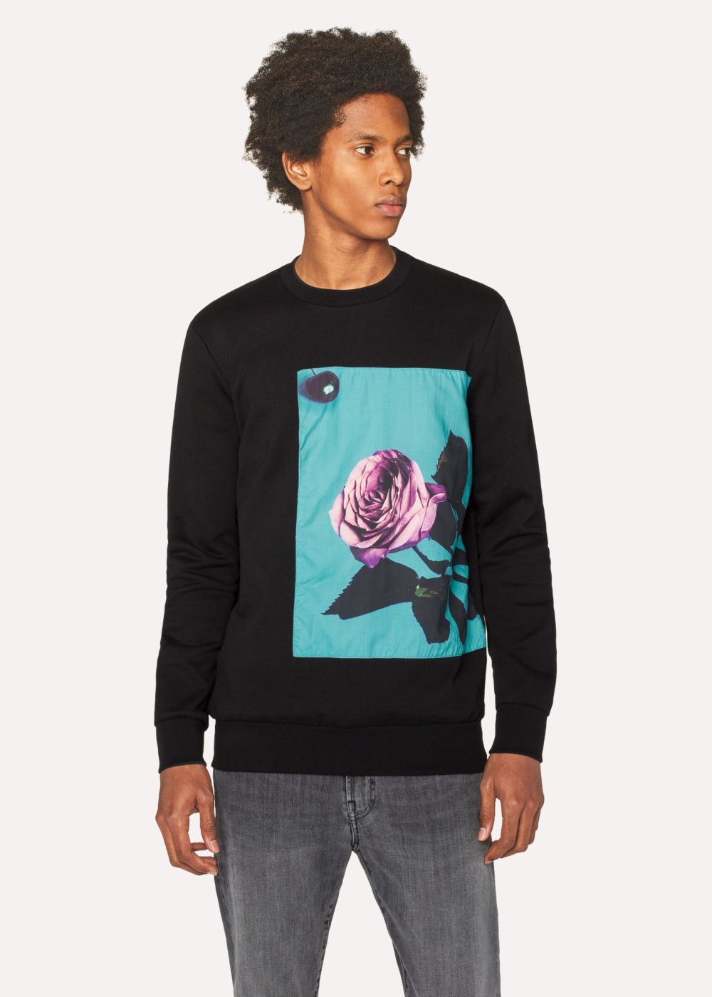 Paul Smith Men's Black Sweatshirt With Appliqué 'rose' Print