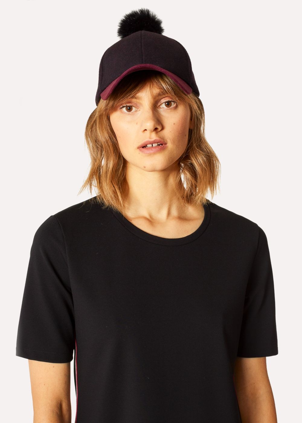 Paul Smith Womens's Black And Burgundy Wool Pom-Pom Caps