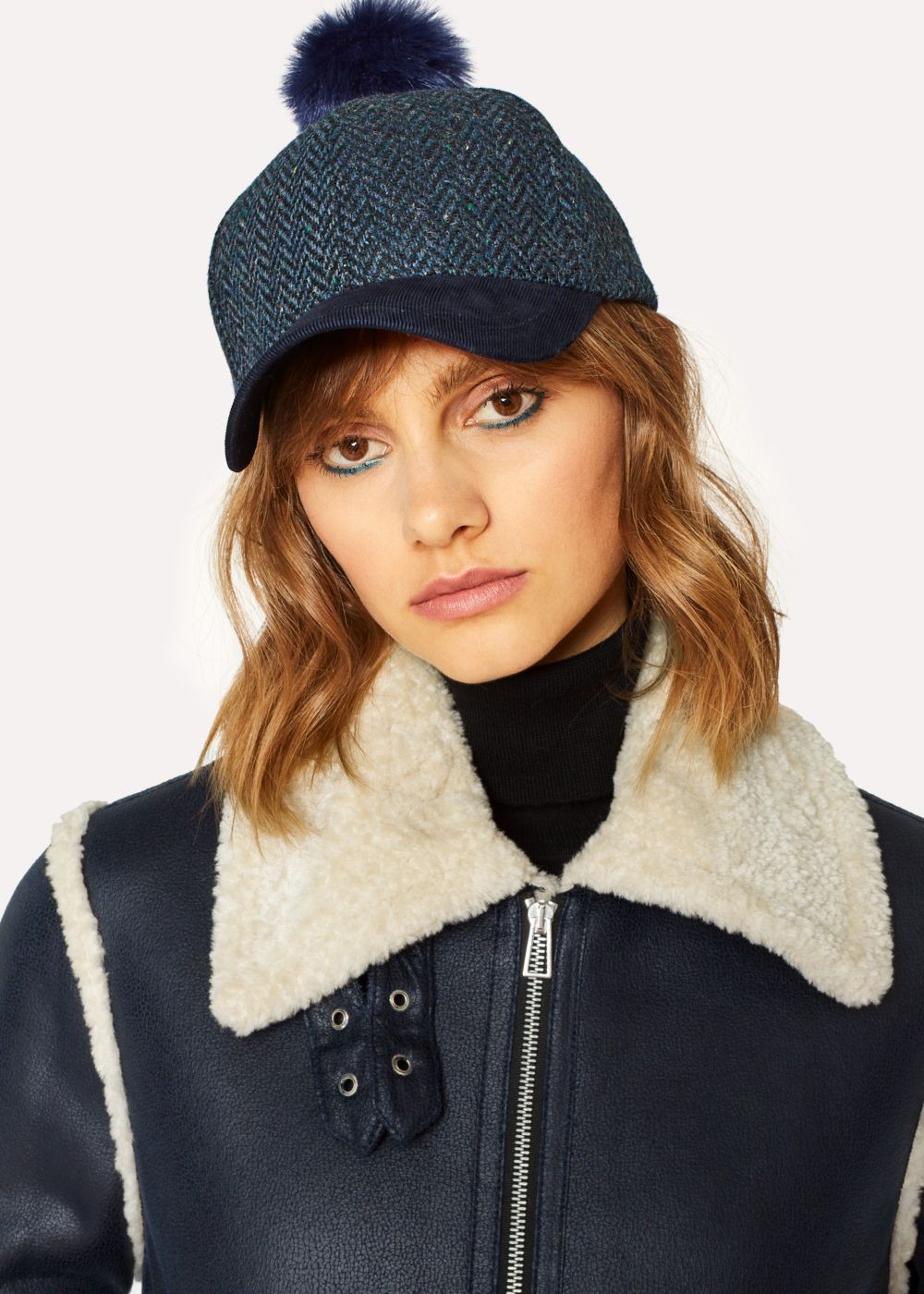 Paul Smith Lady's Navy Herringbone Wool Pom-Pom Cap