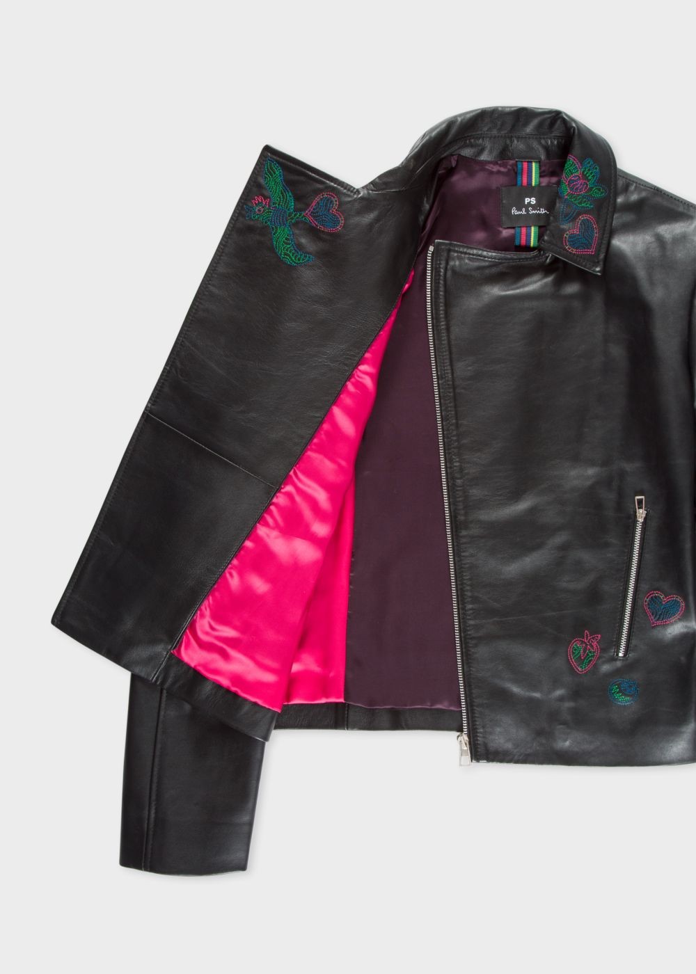 Paul Smith Women's Black Leather Biker Coats With Embroidered 'karami' Detail