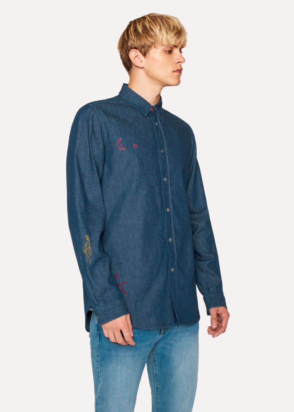 Paul Smith Men's Tailored-Fit Indigo Denim shirt With Embroidered Doodles