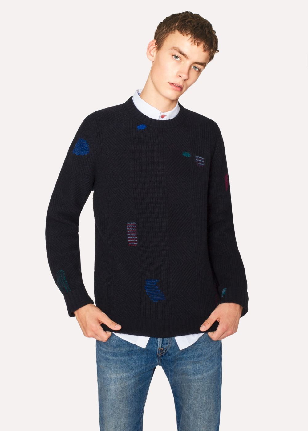 Paul Smith Men's Navy Wool-Blend Ribbed Sweater With Darning Detail