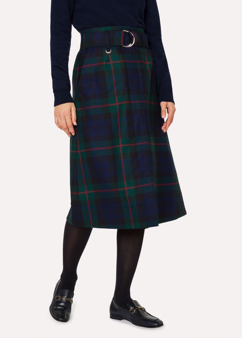 Paul Smith Womens's Navy, Green And Red Tartan A-Line Midi Skirt With Belt