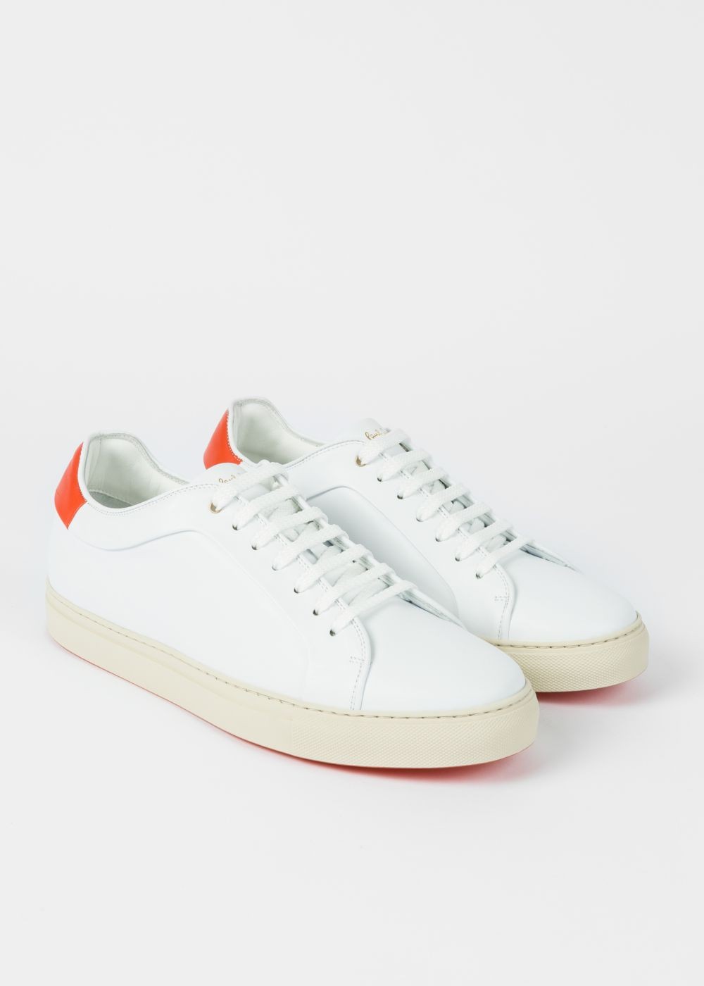 Paul Smith Men's White Leather 'basso' Shoe With Burnt Orange Heel Trims