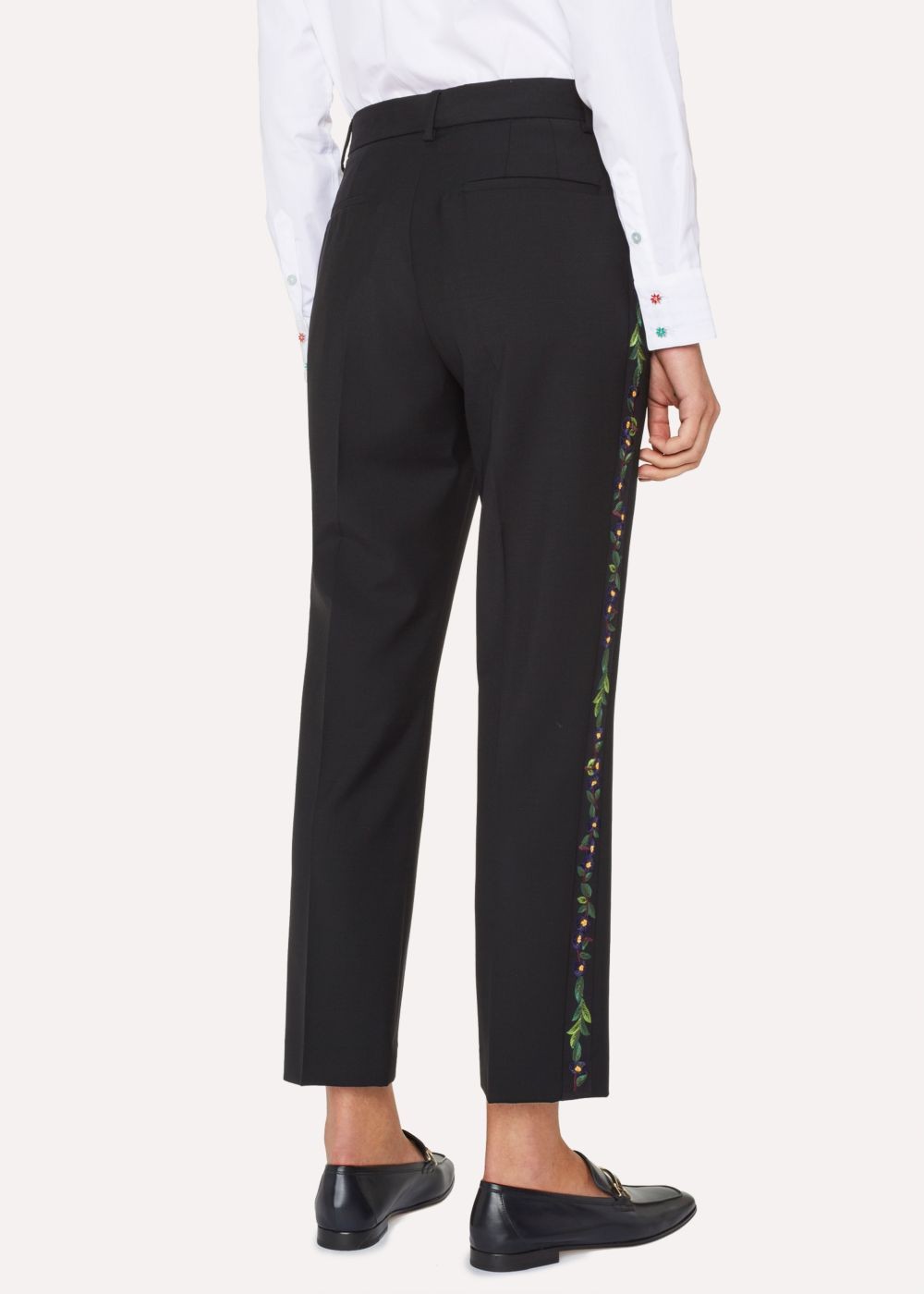 Paul Smith Lady's Black Wool-Mohair Pants With 'floral Stripe' Embroidery
