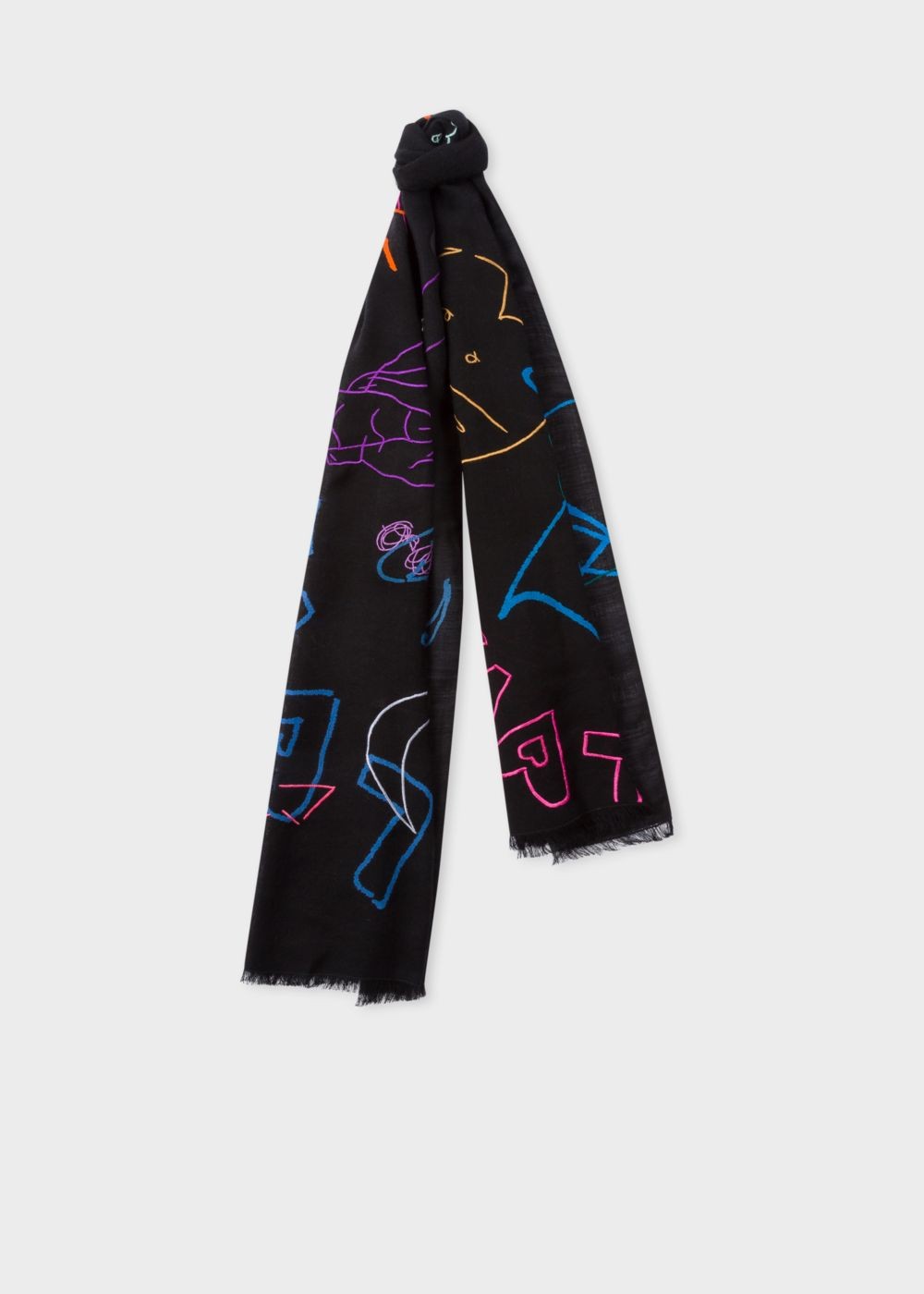 Paul Smith Men's Black 'paul's Sketchbook' Motif Wool Scarf