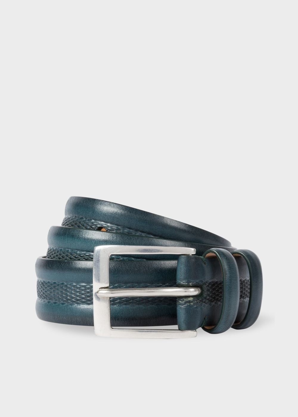 Paul Smith Men's Teal Embossed Geometric Pattern Leather Belt
