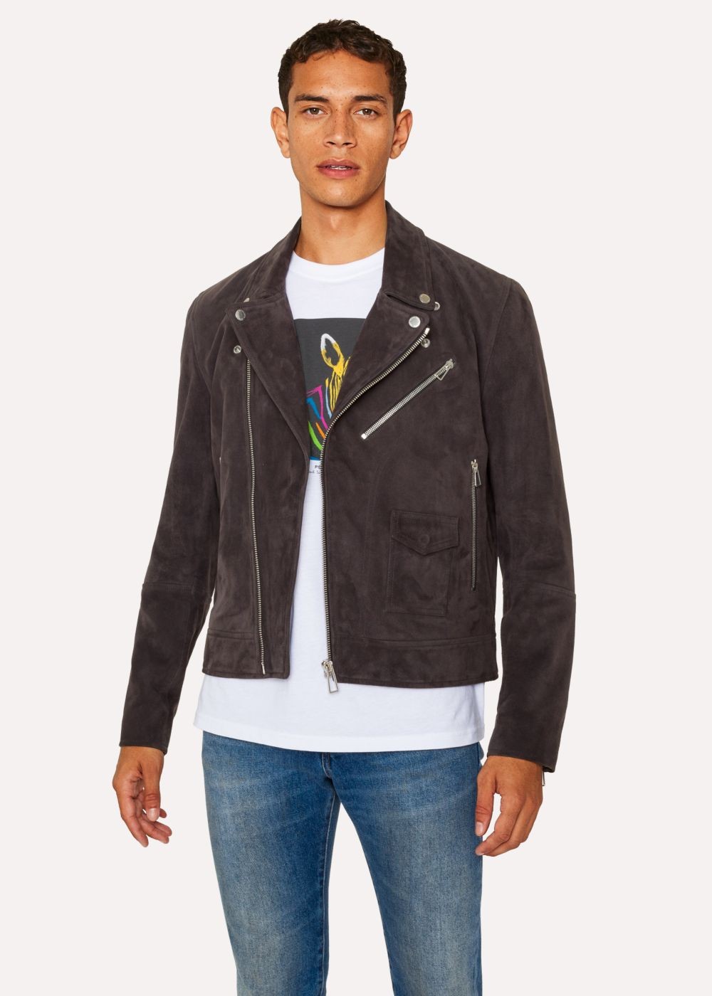 Paul Smith Men's Slate Grey Suede Leather Asymmetric-Zip Biker Coat