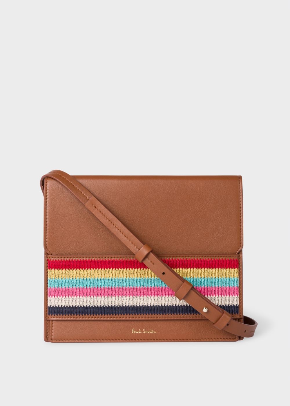 Paul Smith Women's Tan Leather Cross-Body HandBag With Multi-Coloured Stripe Embroidered Detail