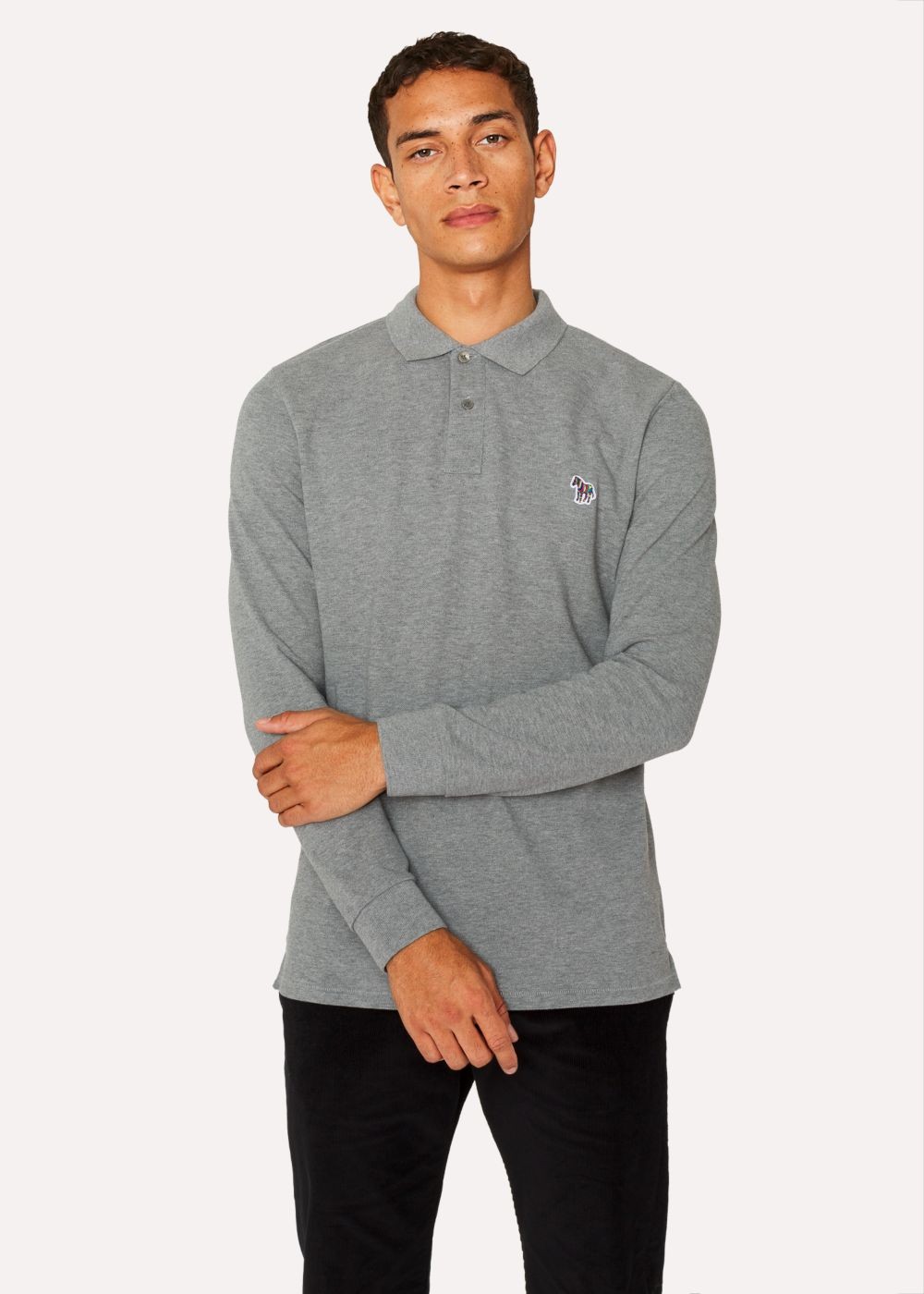 Paul Smith Men's Grey Organic-Cotton Zebra Logo Long-Sleeve Polo Tees