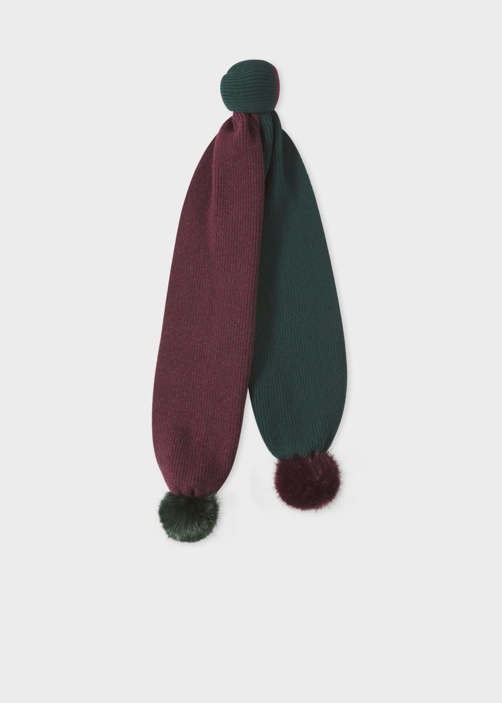 Paul Smith Women's Green And Burgundy Ribbed Scarf With Pom Poms