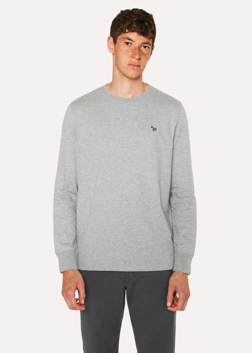 Paul Smith Men's Grey Marl Organic-Cotton Zebra Logo Long-Sleeve T-Shirts