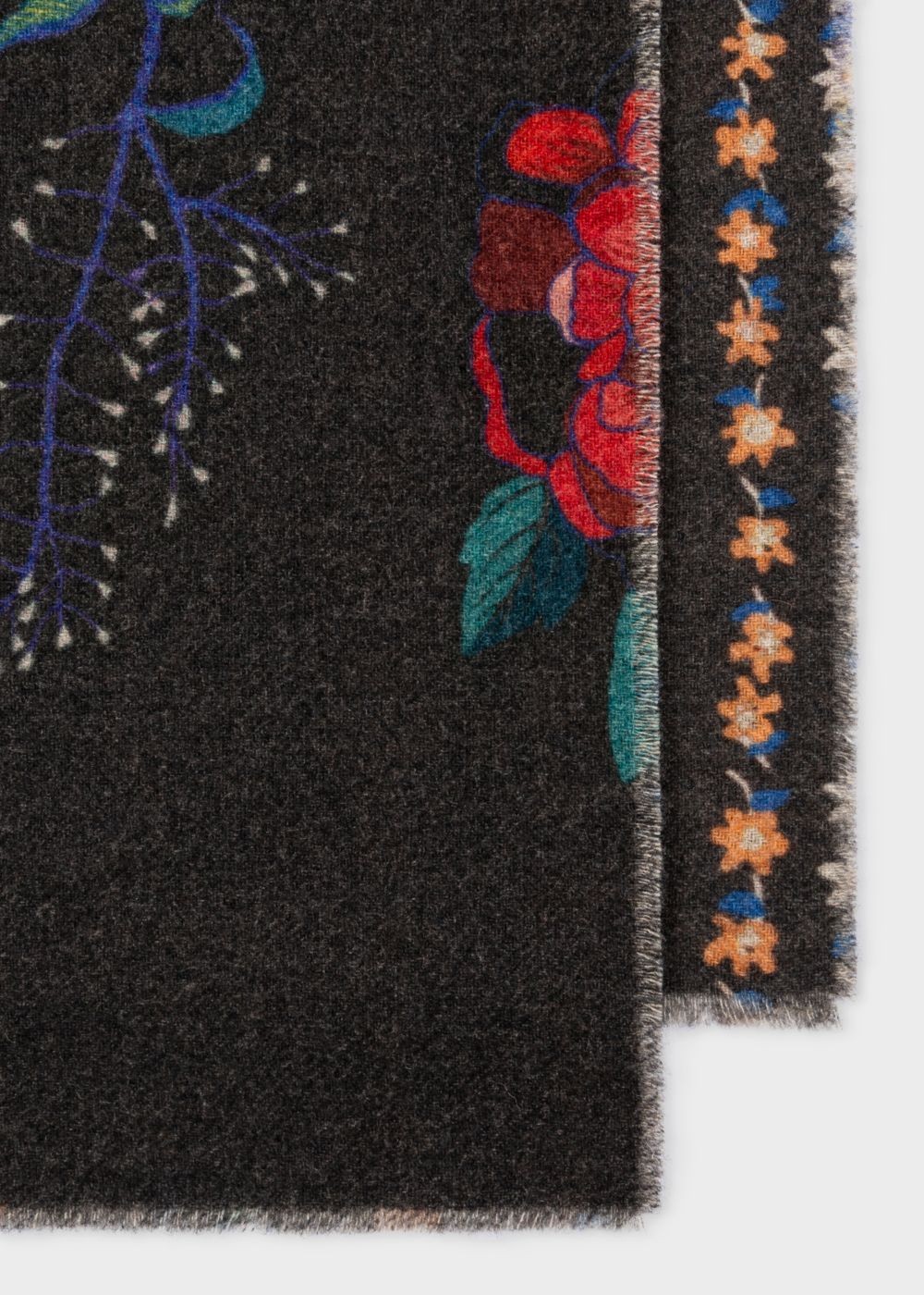 Paul Smith Men's Black 'florian' Print Wool-Cashmere Scarf With 'floral Stripe' Reverse