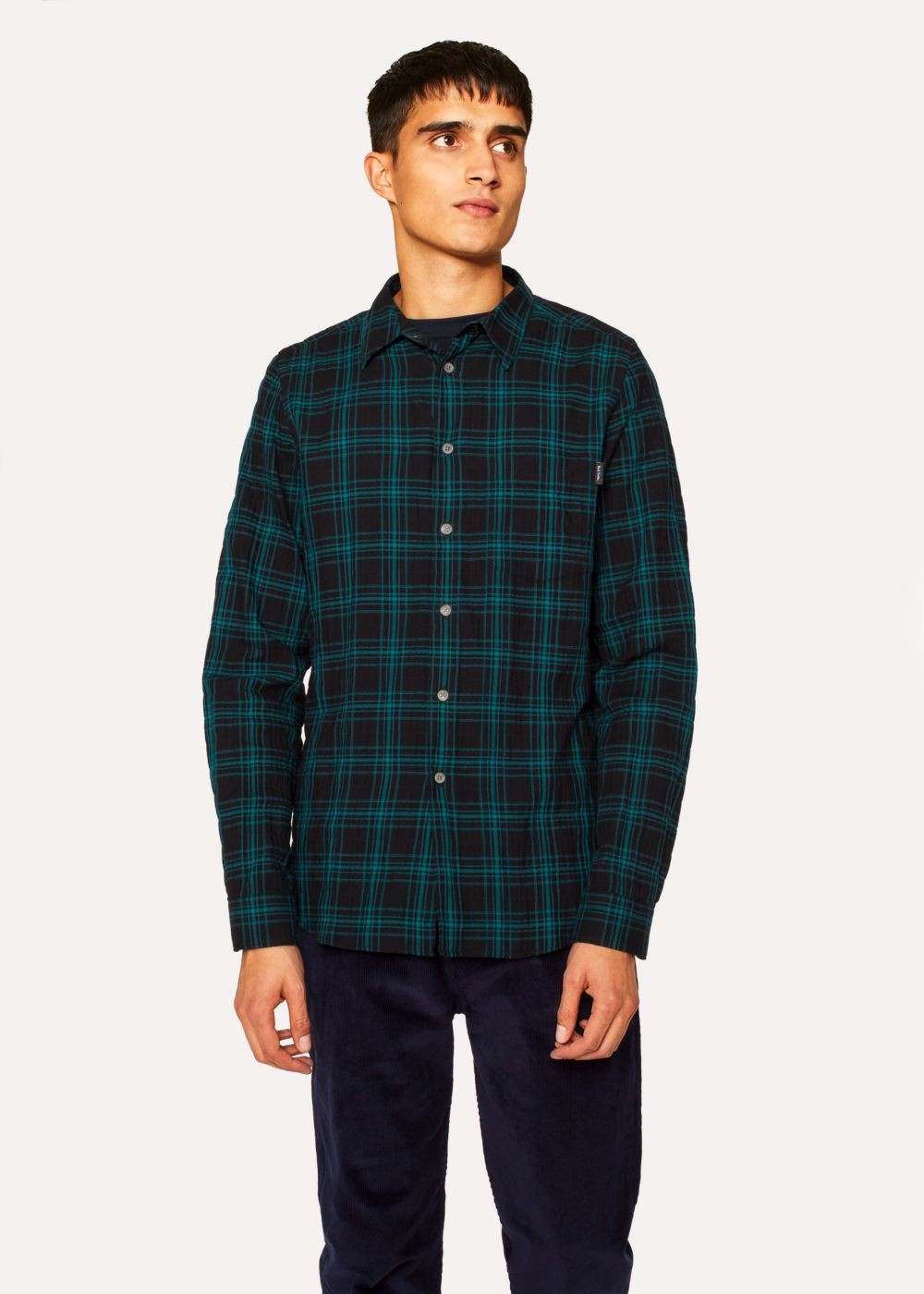 Paul Smith Mens's Tailored-Fit Petrol Blue Check Cotton T-Shirts
