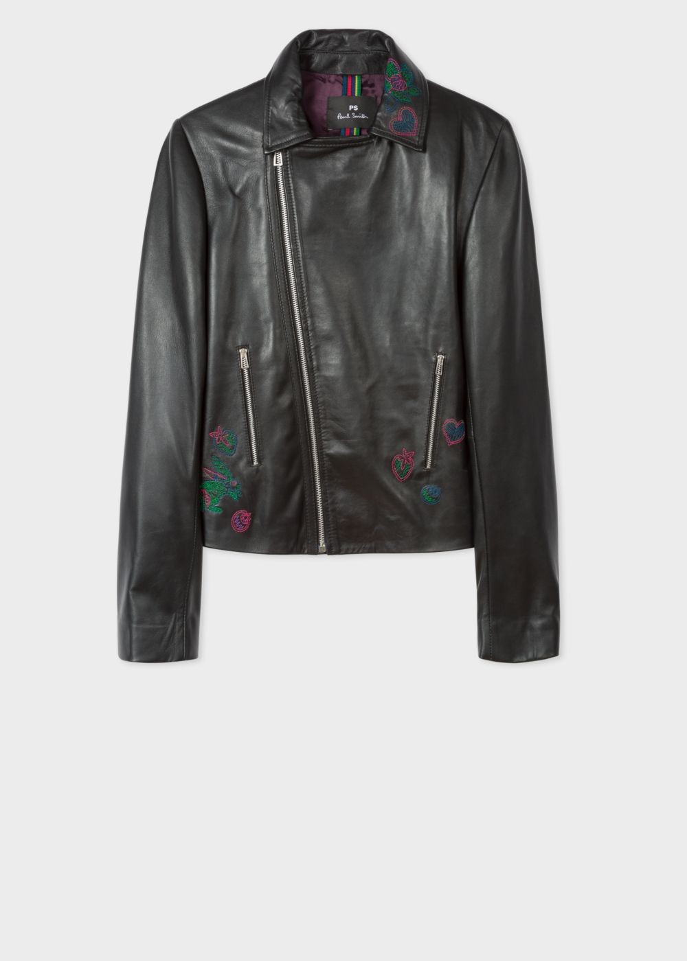Paul Smith Women's Black Leather Biker Coats With Embroidered 'karami' Detail