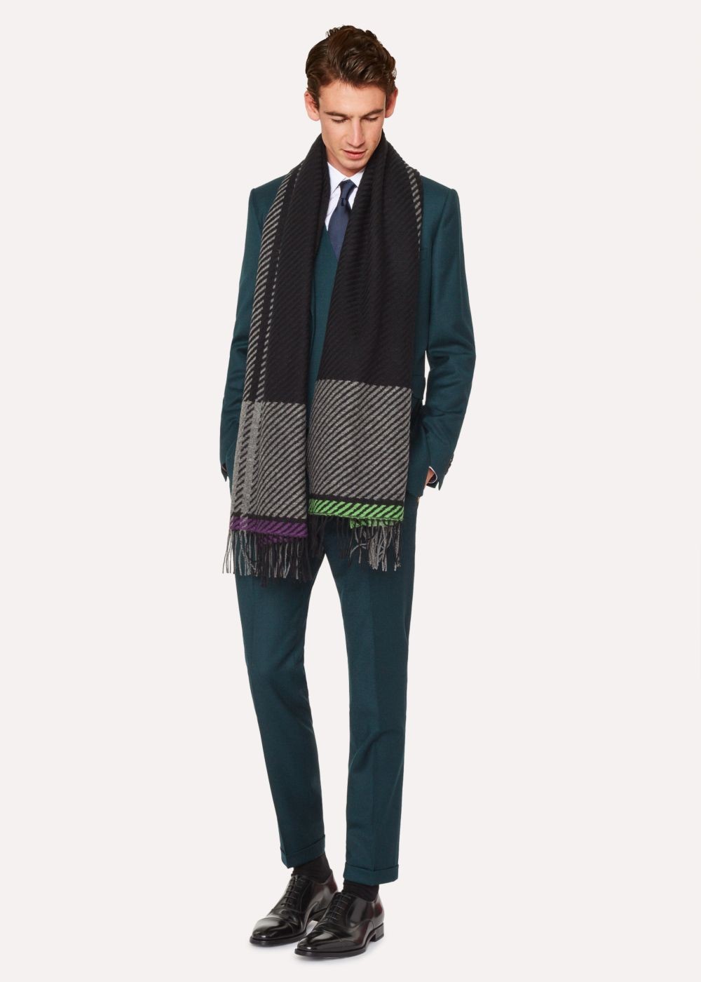 Paul Smith Men's Grey And Black Asymmetrical Check Wool Scarf