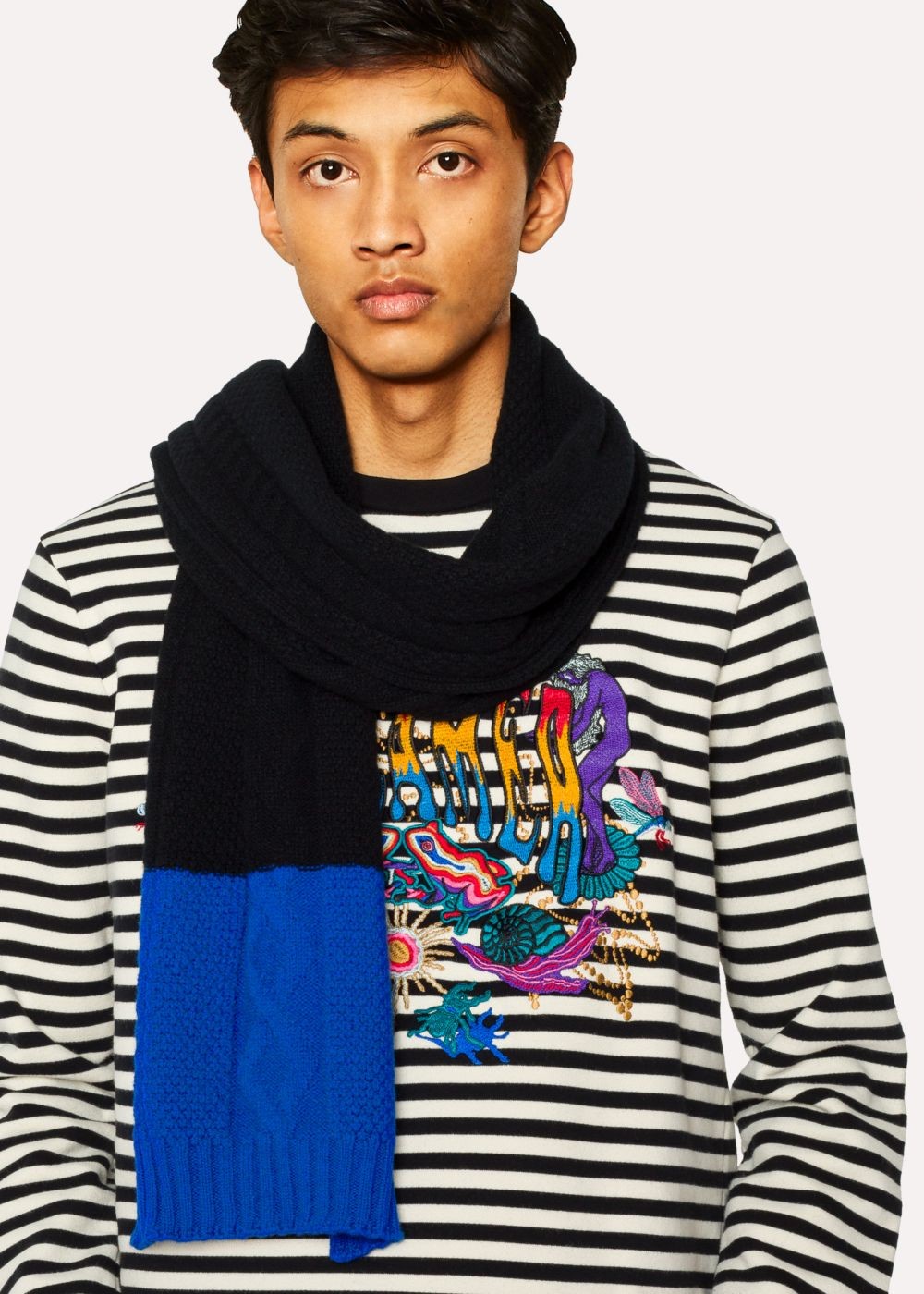 Paul Smith Men's Navy Cable-Knit Scarf With Contrasting Ends