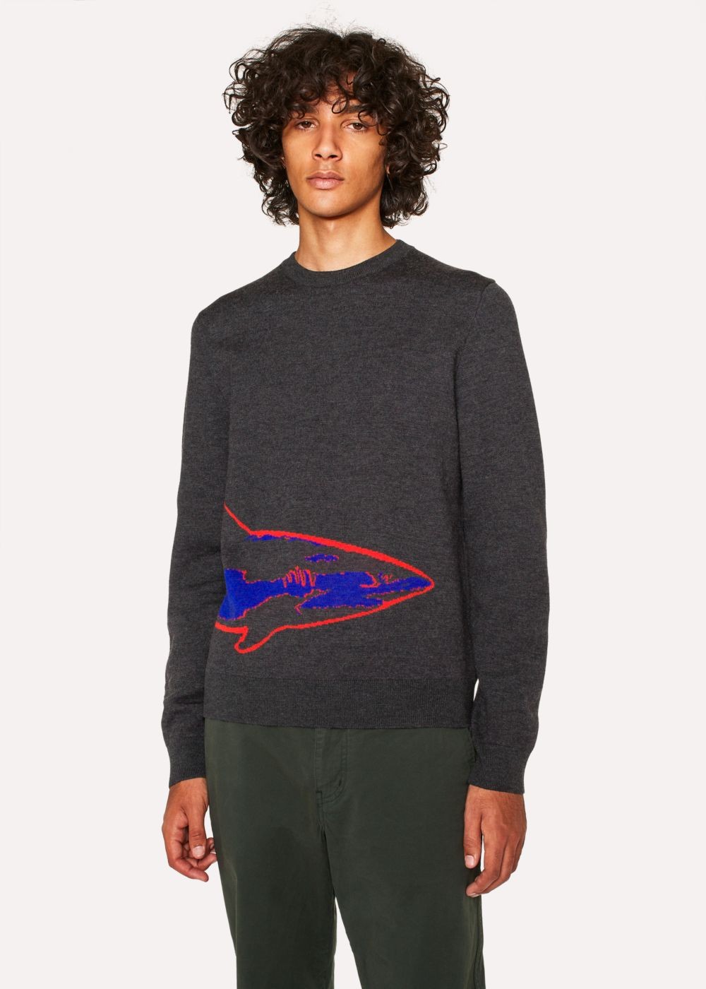 Paul Smith Men's Dark Grey Merino Wool Sweater With 'shark' Intarsia