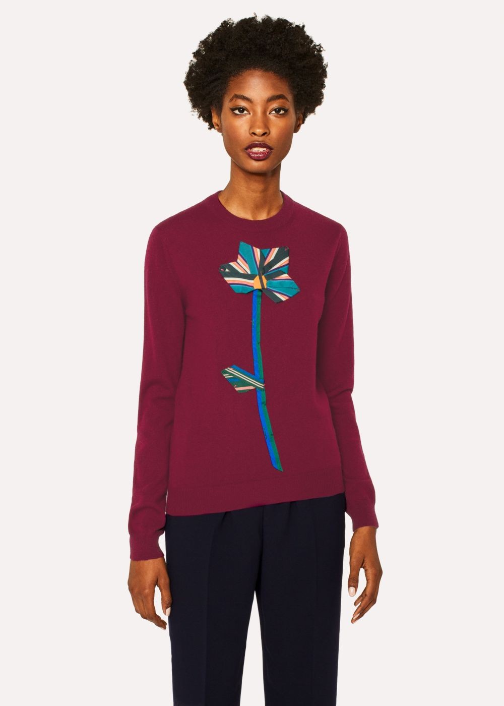 Paul Smith Lady's Burgundy Floral Appliqué Cashmere Sweater