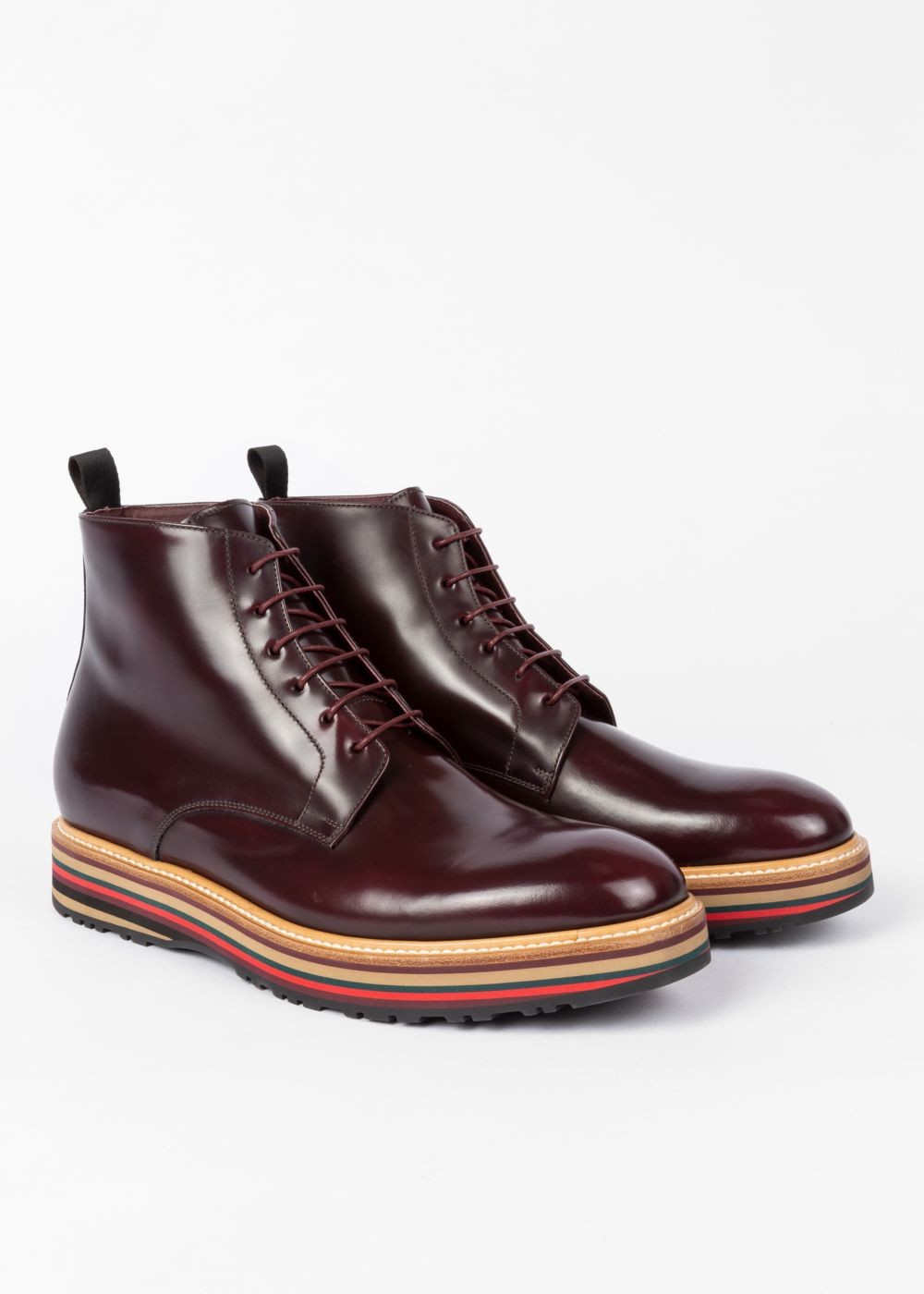 Paul Smith Mens'S Bordeaux Leather 'Corelli' Boots With Multi-Coloured Soles