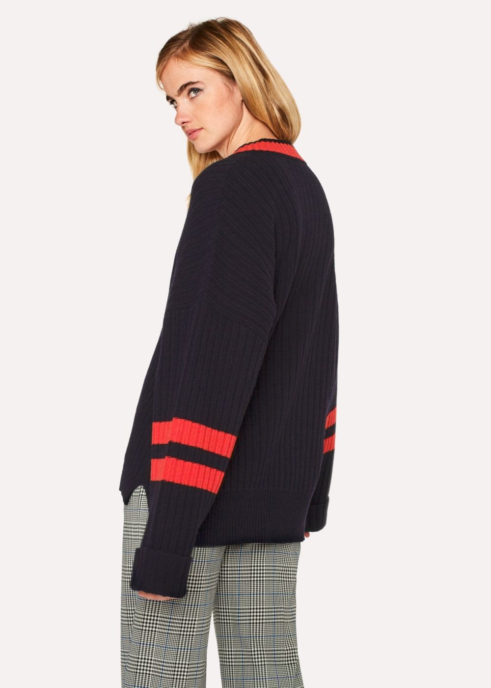Paul Smith Womens's Navy Oversized Ribbed V-Neck Sweater With Contrast Details