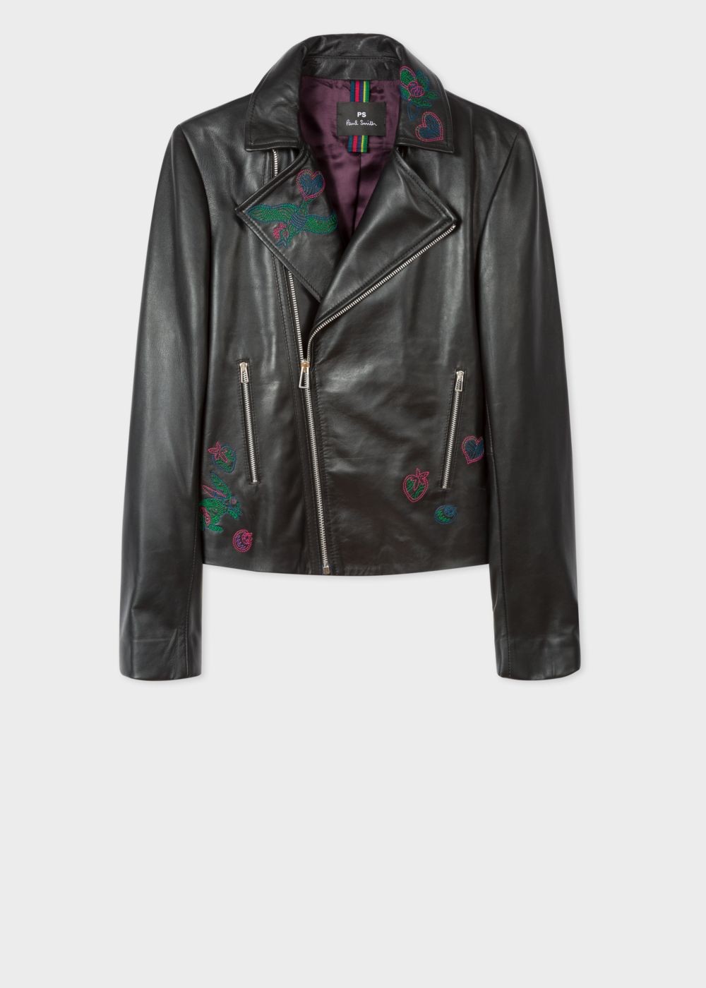 Paul Smith Women's Black Leather Biker Coats With Embroidered 'karami' Detail