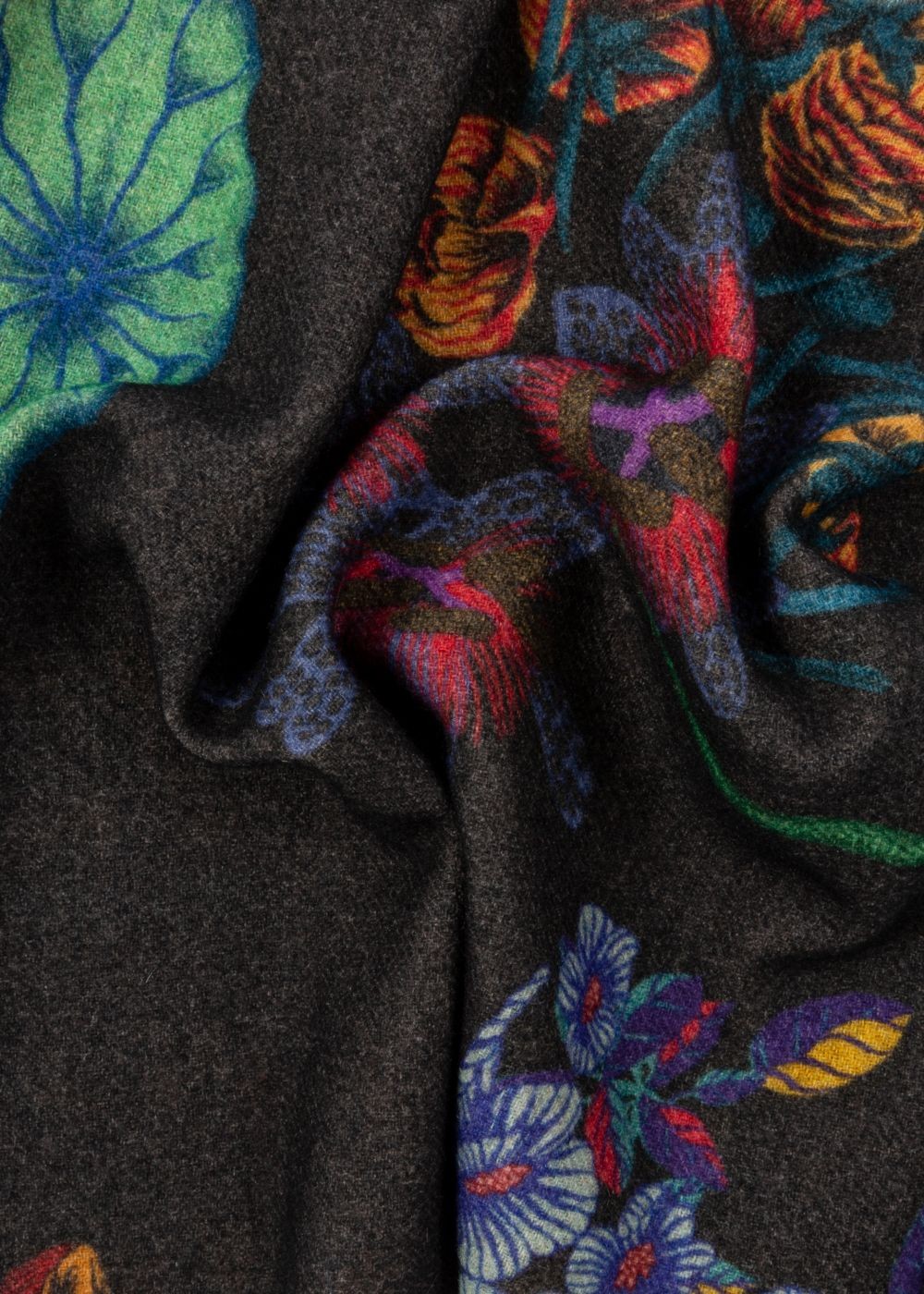 Paul Smith Men's Black 'florian' Print Wool-Cashmere Scarf With 'floral Stripe' Reverse