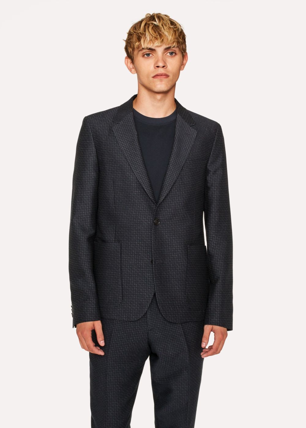 Paul Smith Men's Mid-Fit Dark Navy Textured-Check Wool-Blend Unlined Blazer Clothing