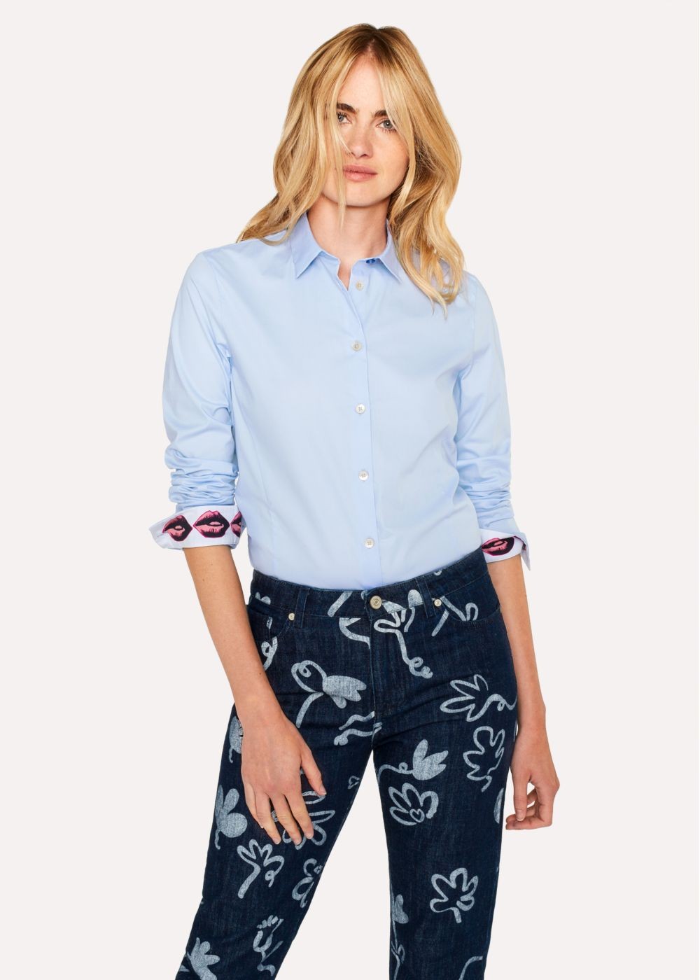 Paul Smith Womens's Slim-Fit Light Blue Cotton Shirt With 'lips' Print Cuff Lining