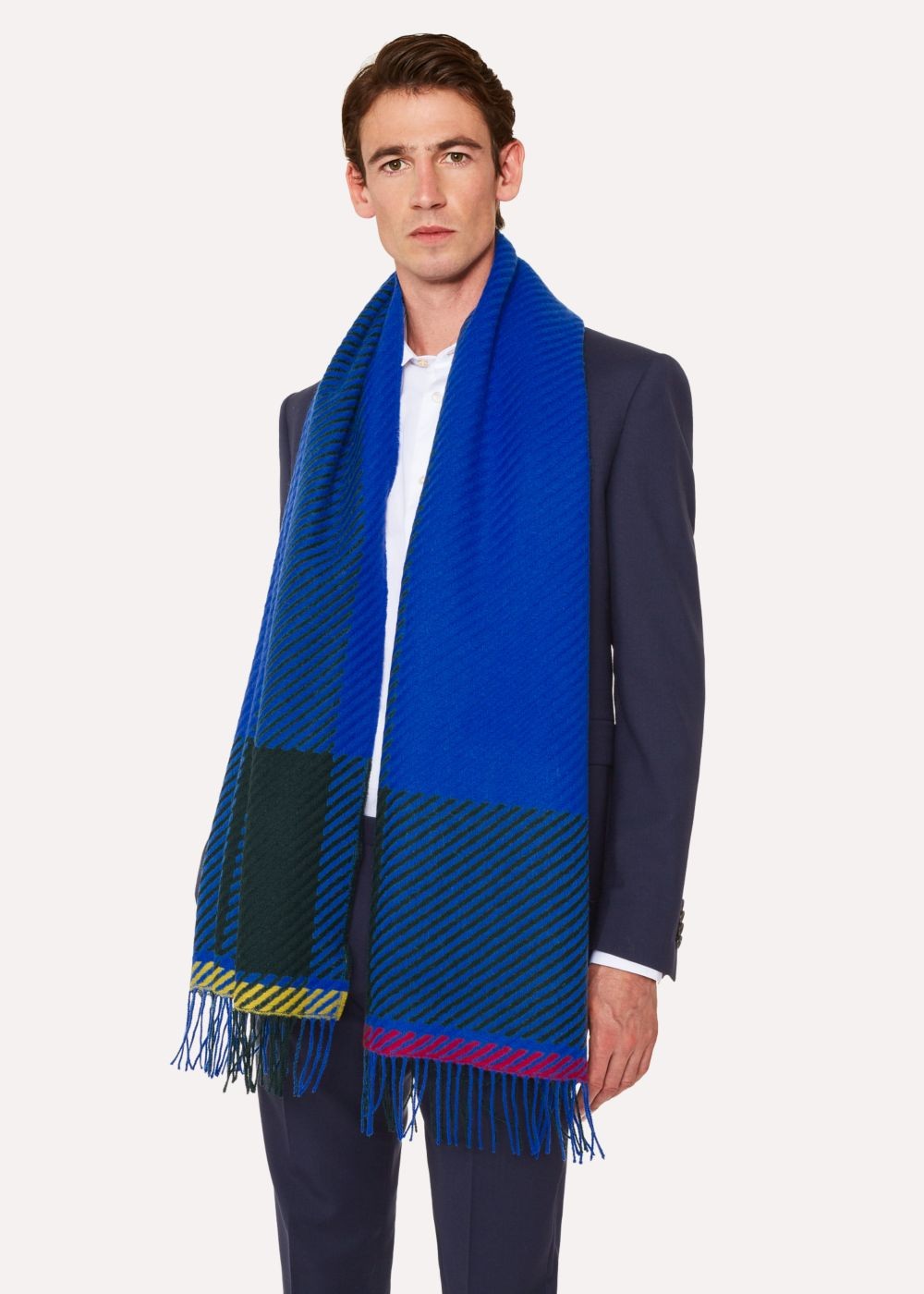 Paul Smith Men's Cobalt Blue And Khaki Asymmetrical Check Wool Scarf
