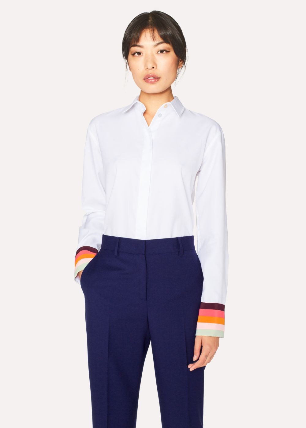 Paul Smith Lady's White Cotton Tshirts With 'artist Stripe' Cuffs