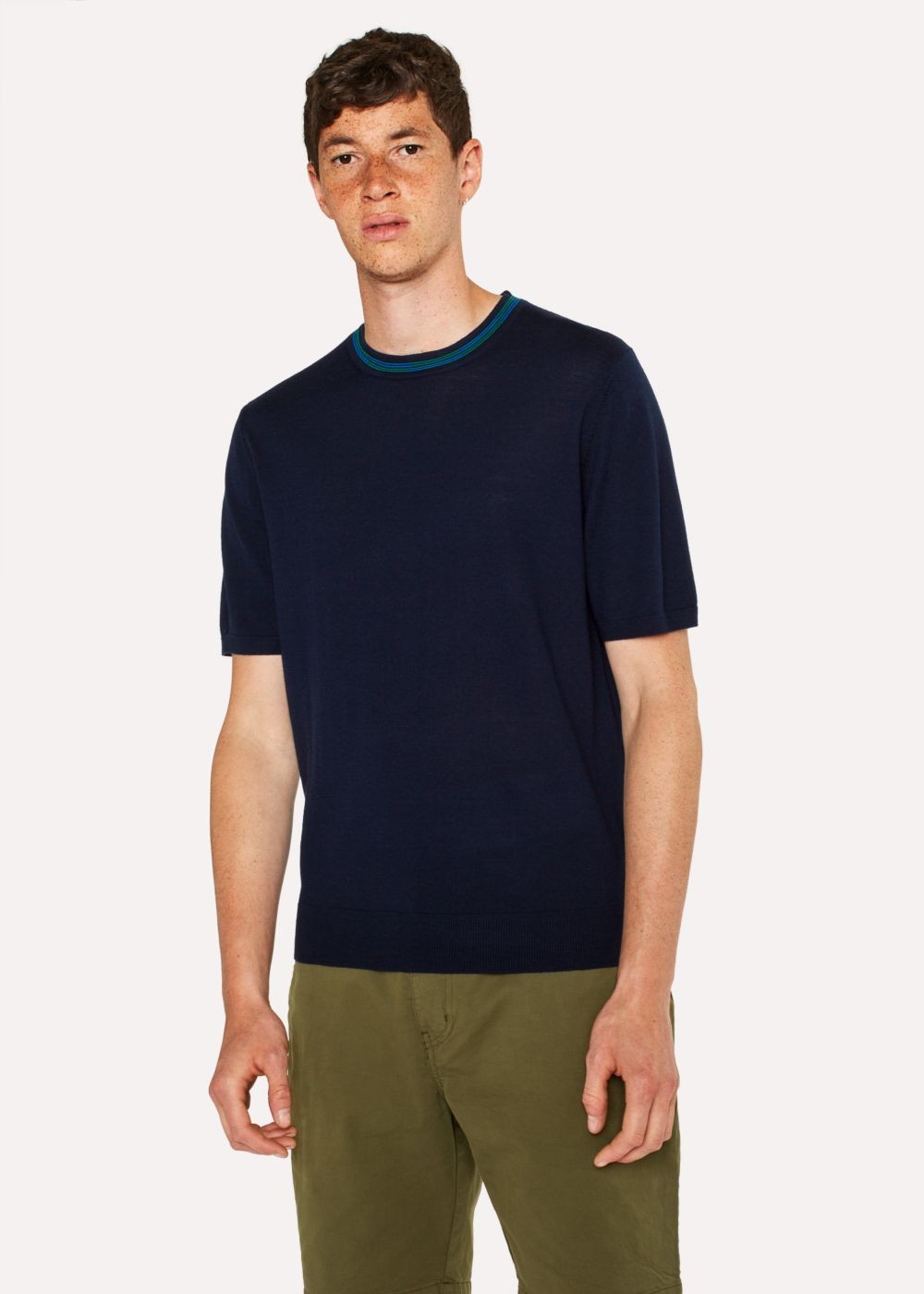 Paul Smith Men's Navy Merino Wool Short-Sleeve Sweater With Contrast Collar